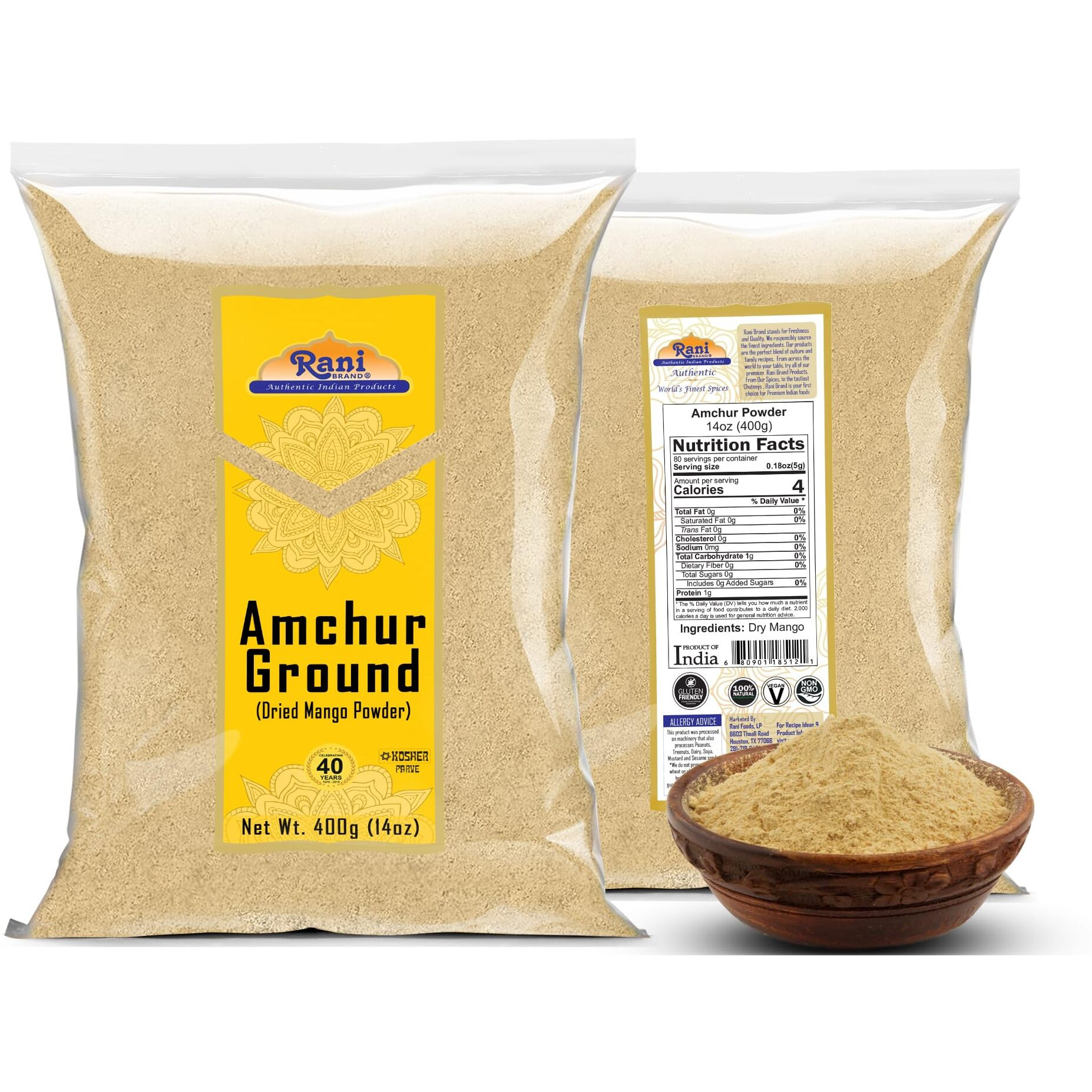 Rani Amchur (Mango) Ground Powder Spice 14oz (400g) ~ All Natural, Indian Origin, No Color, Gluten Friendly, Vegan, NON-GMO, Kosher, No Salt or fillers