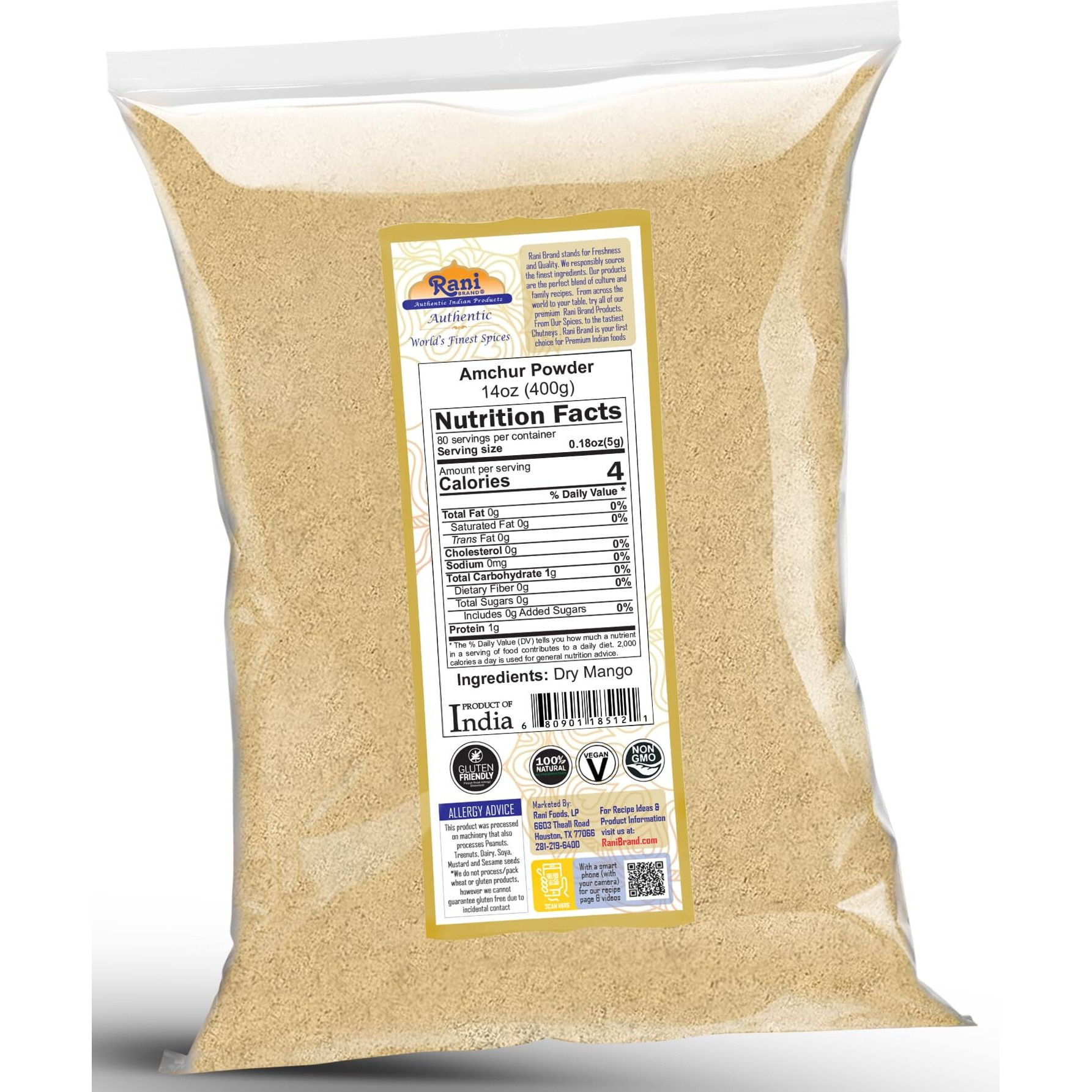 Rani Amchur (Mango) Ground Powder Spice 14oz (400g) ~ All Natural, Indian Origin, No Color, Gluten Friendly, Vegan, NON-GMO, Kosher, No Salt or fillers