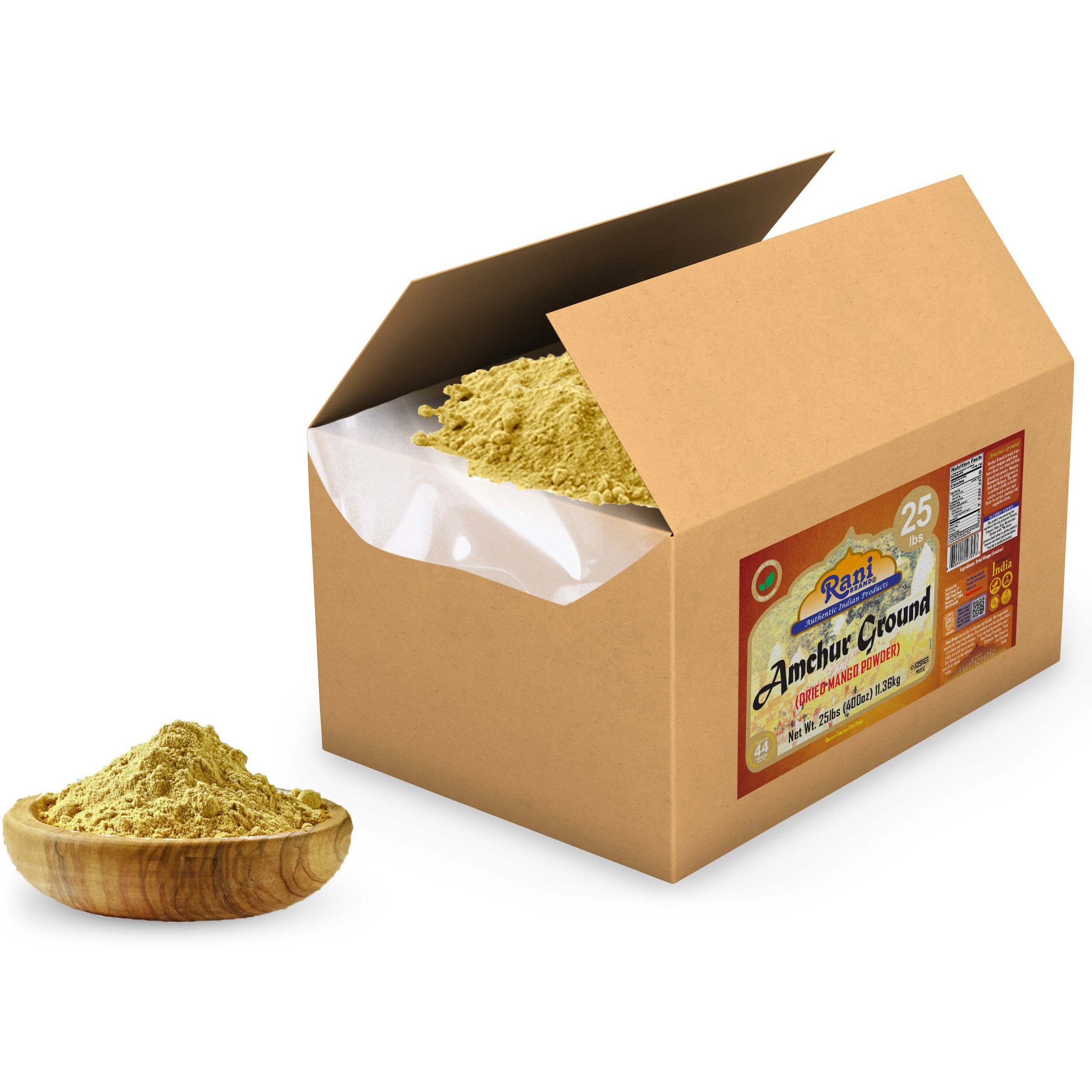 Rani Amchur (Mango) Ground Powder Spice 400oz (25lbs) 11.36kg Bulk Box ~ All Natural, Indian Origin, No Color, Gluten Friendly, Vegan, NON-GMO, Kosher, No Salt or fillers