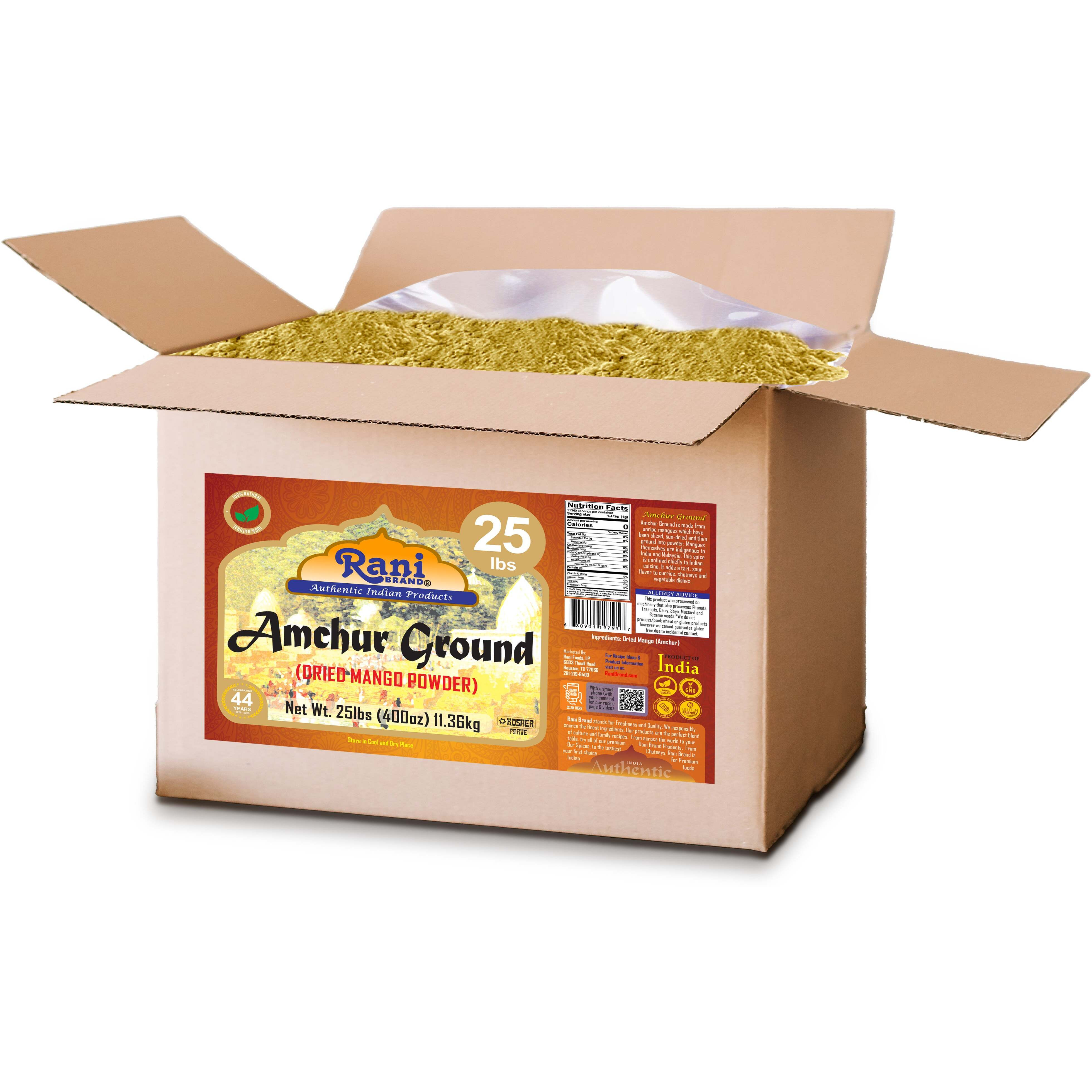 Rani Amchur (Mango) Ground Powder Spice 400oz (25lbs) 11.36kg Bulk Box ~ All Natural, Indian Origin, No Color, Gluten Friendly, Vegan, NON-GMO, Kosher, No Salt or fillers