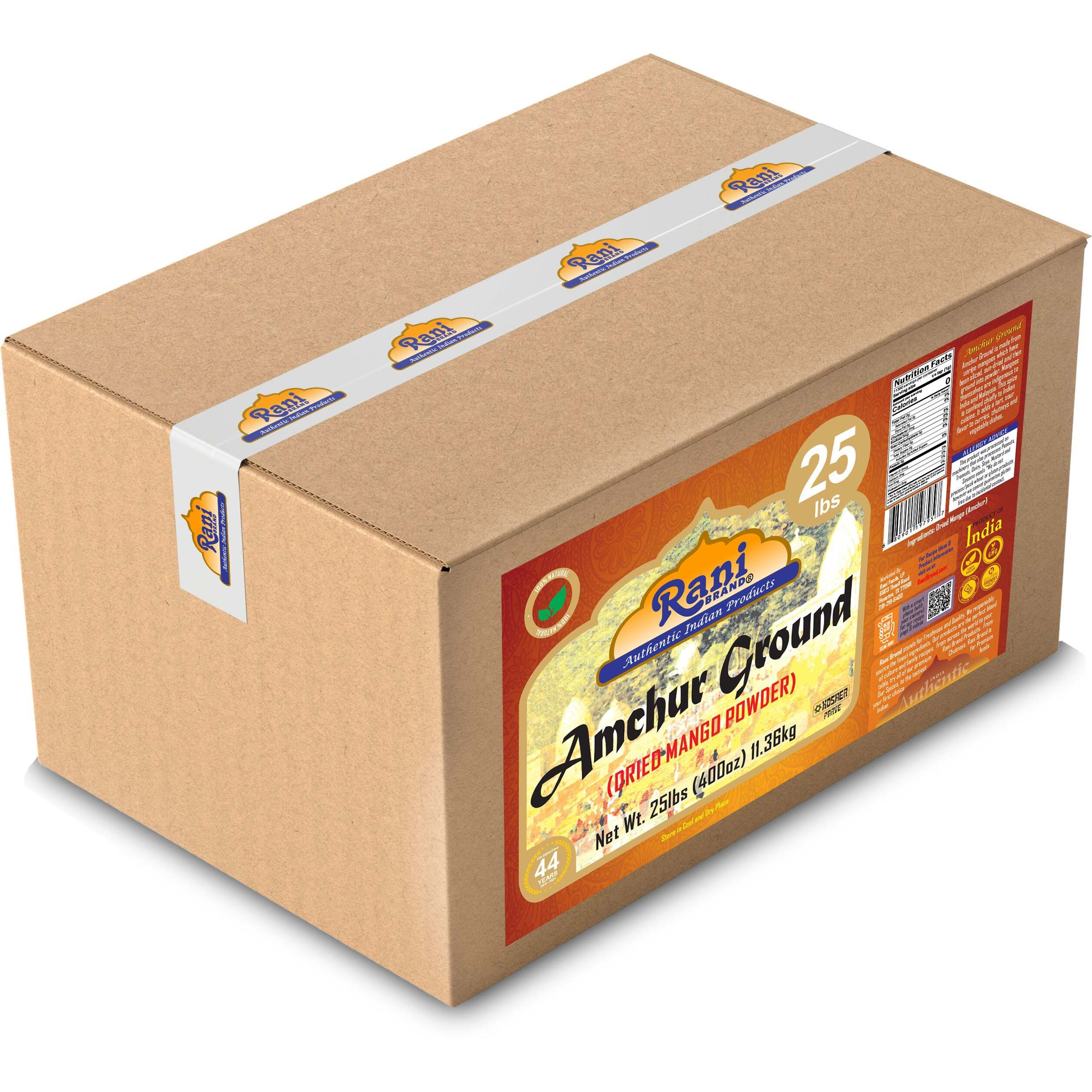 Rani Amchur (Mango) Ground Powder Spice 400oz (25lbs) 11.36kg Bulk Box ~ All Natural, Indian Origin, No Color, Gluten Friendly, Vegan, NON-GMO, Kosher, No Salt or fillers
