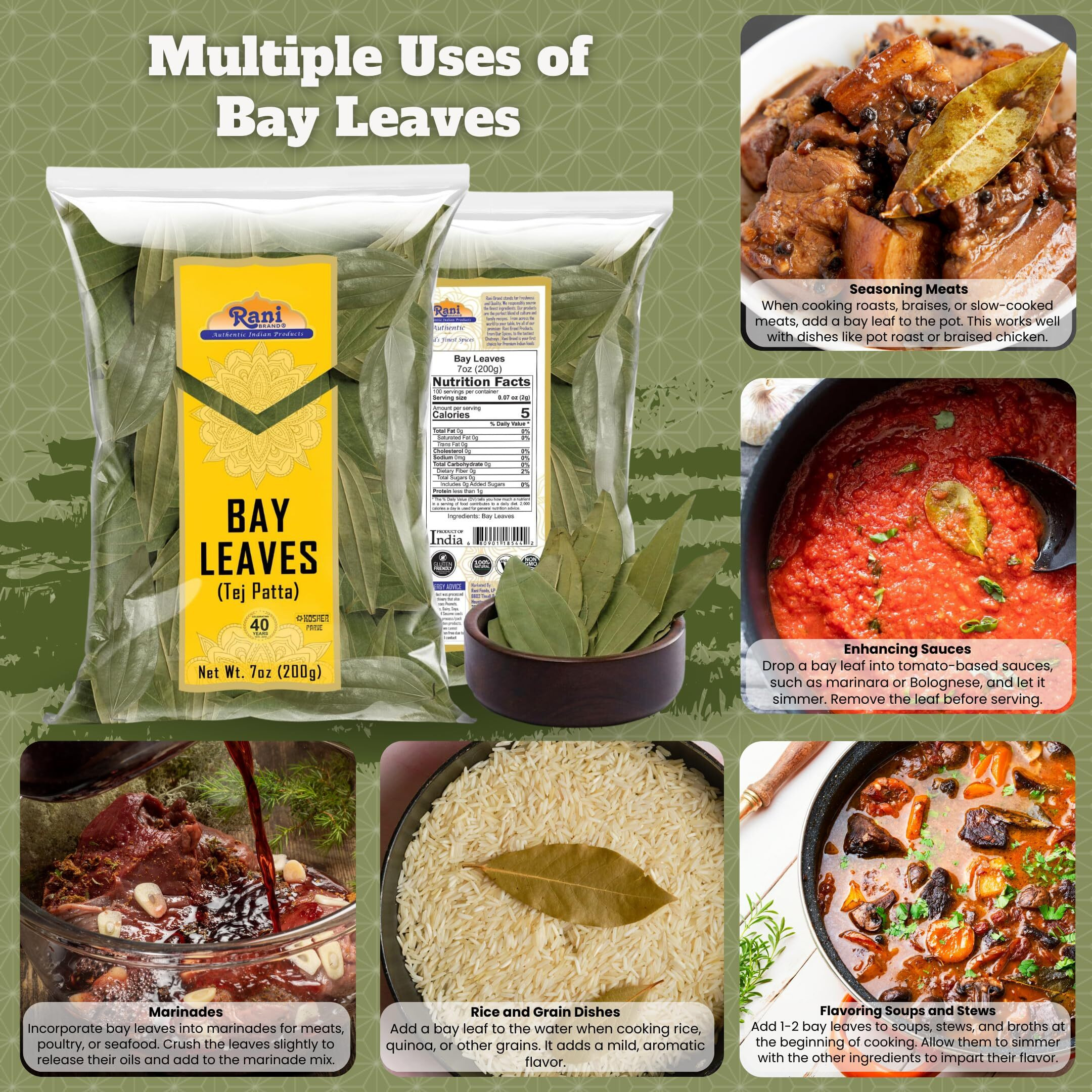 Rani Bay Leaf (Leaves) Whole Spice Hand Selected Extra Large 7oz (200g) ~ All Natural, Gluten Friendly, NON-GMO, Kosher, Vegan, Indian Origin (Tej Patta)