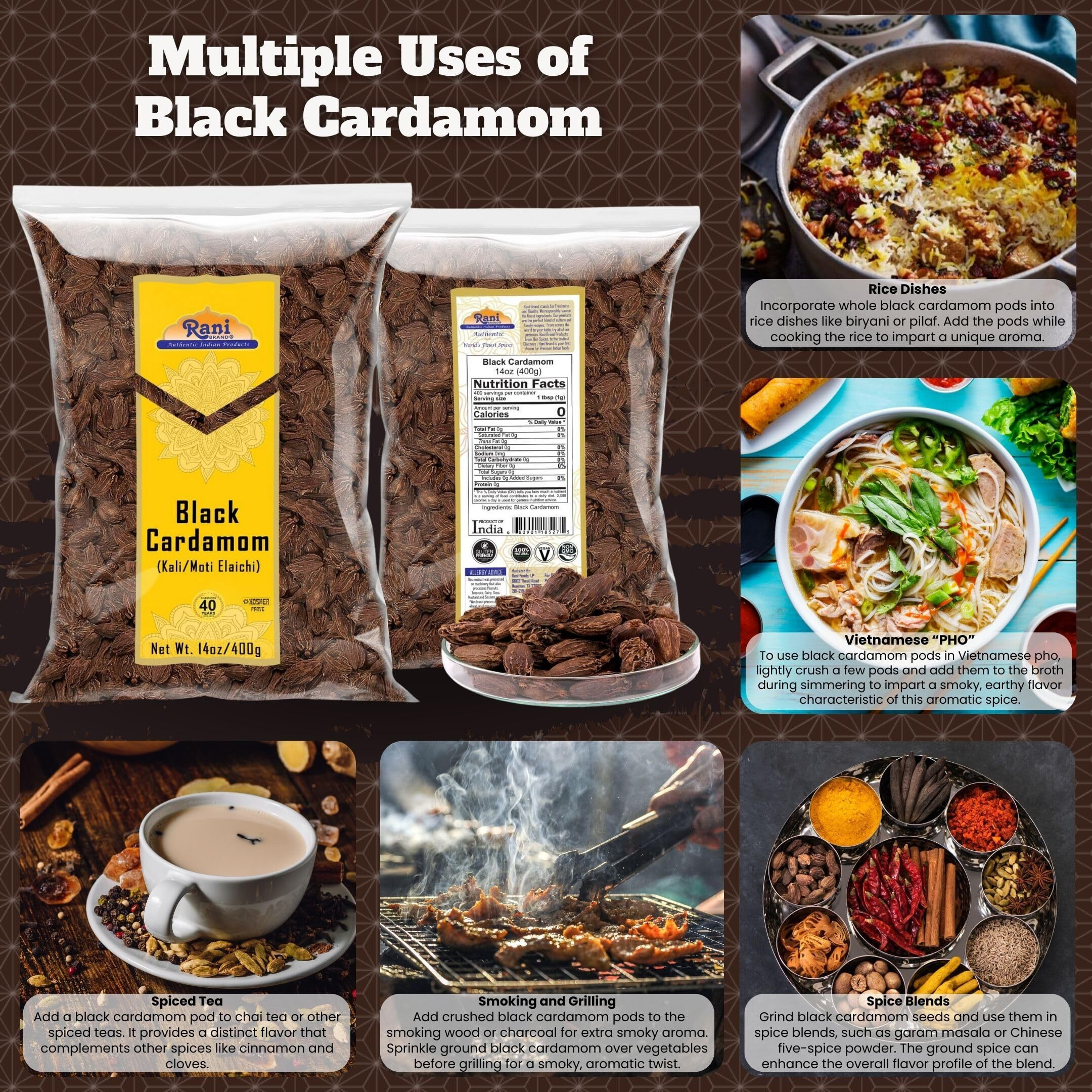Rani Black Cardamom Pods (Kali Elachi) Whole Indian Spice 14oz (400g) ~ All Natural, Vegan, Gluten Friendly, NON-GMO, Indian Origin, Smokey, Tsaoko, Cao Guo, Bach Dan Khau, Badi