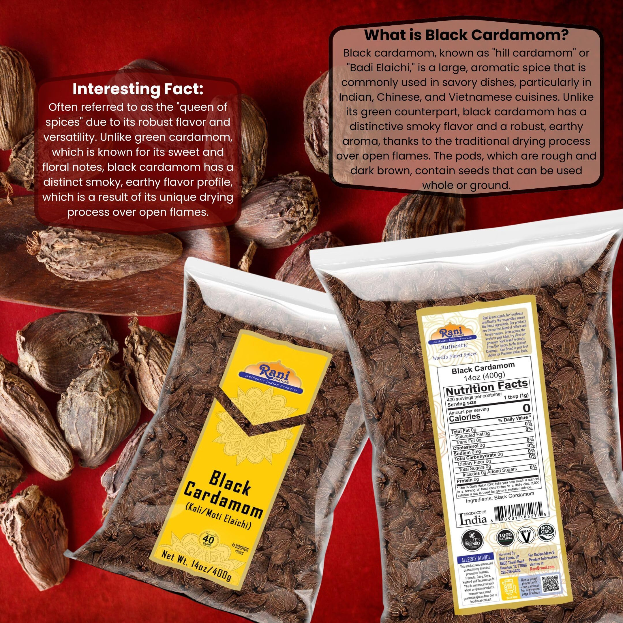 Rani Black Cardamom Pods (Kali Elachi) Whole Indian Spice 14oz (400g) ~ All Natural, Vegan, Gluten Friendly, NON-GMO, Indian Origin, Smokey, Tsaoko, Cao Guo, Bach Dan Khau, Badi