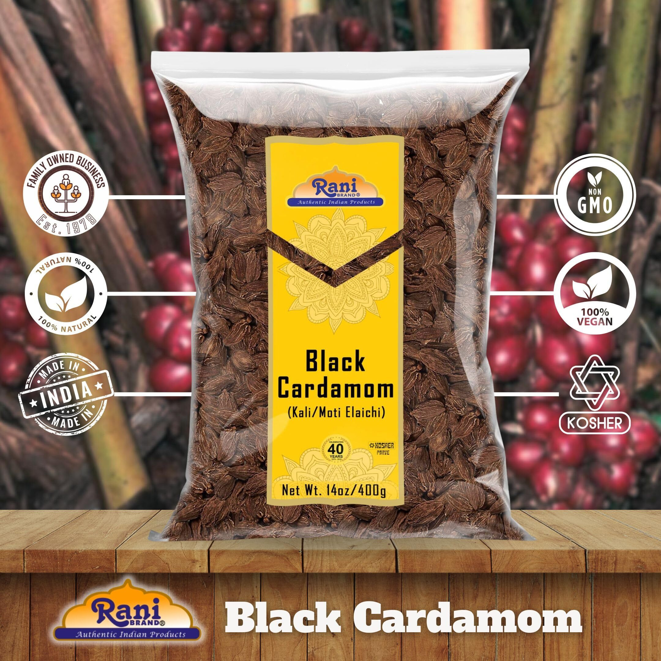 Rani Black Cardamom Pods (Kali Elachi) Whole Indian Spice 14oz (400g) ~ All Natural, Vegan, Gluten Friendly, NON-GMO, Indian Origin, Smokey, Tsaoko, Cao Guo, Bach Dan Khau, Badi
