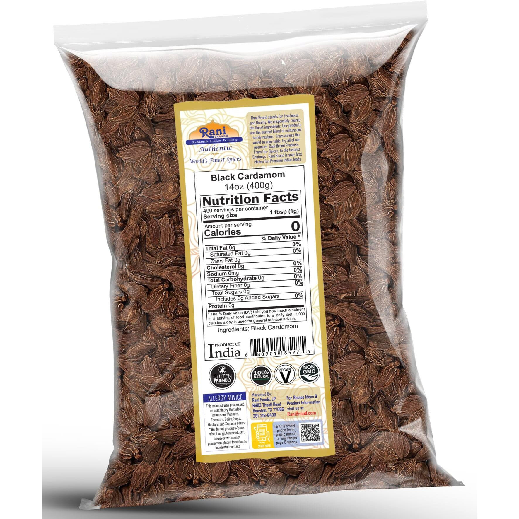 Rani Black Cardamom Pods (Kali Elachi) Whole Indian Spice 14oz (400g) ~ All Natural, Vegan, Gluten Friendly, NON-GMO, Indian Origin, Smokey, Tsaoko, Cao Guo, Bach Dan Khau, Badi
