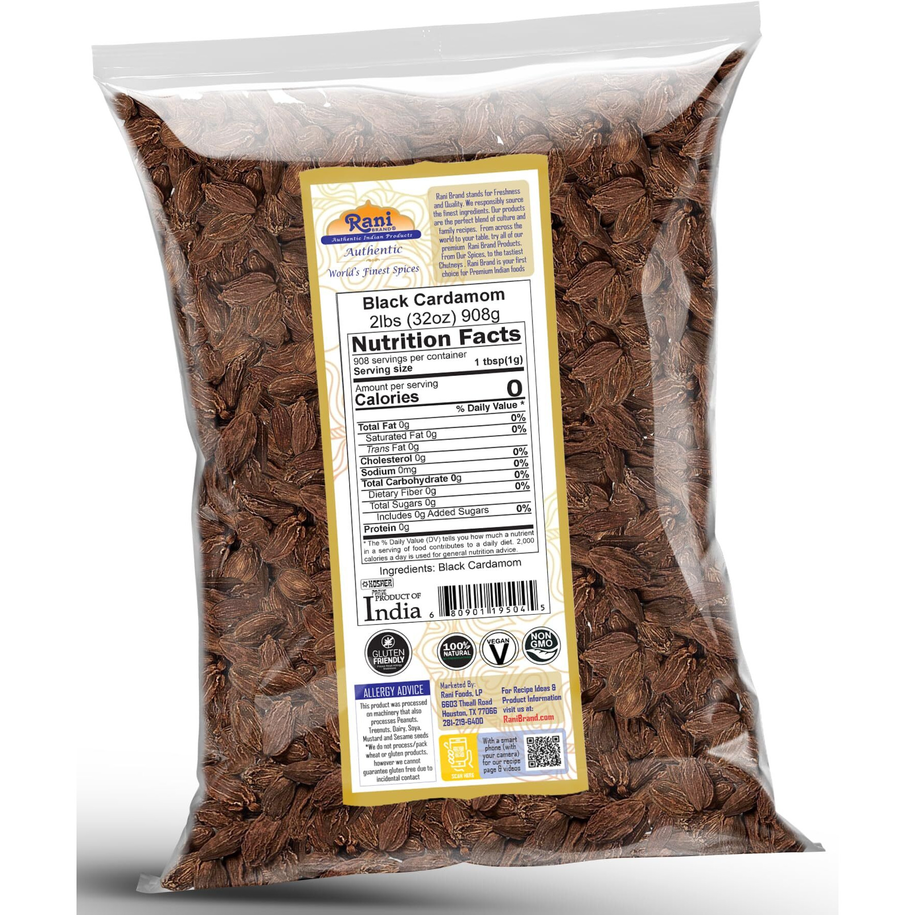 Rani Black Cardamom Pods (Kali Elachi) Whole Indian Spice 32oz (2lbs) 908g Bulk ~ All Natural, Vegan, Gluten Friendly, NON-GMO, Kosher, Indian Origin