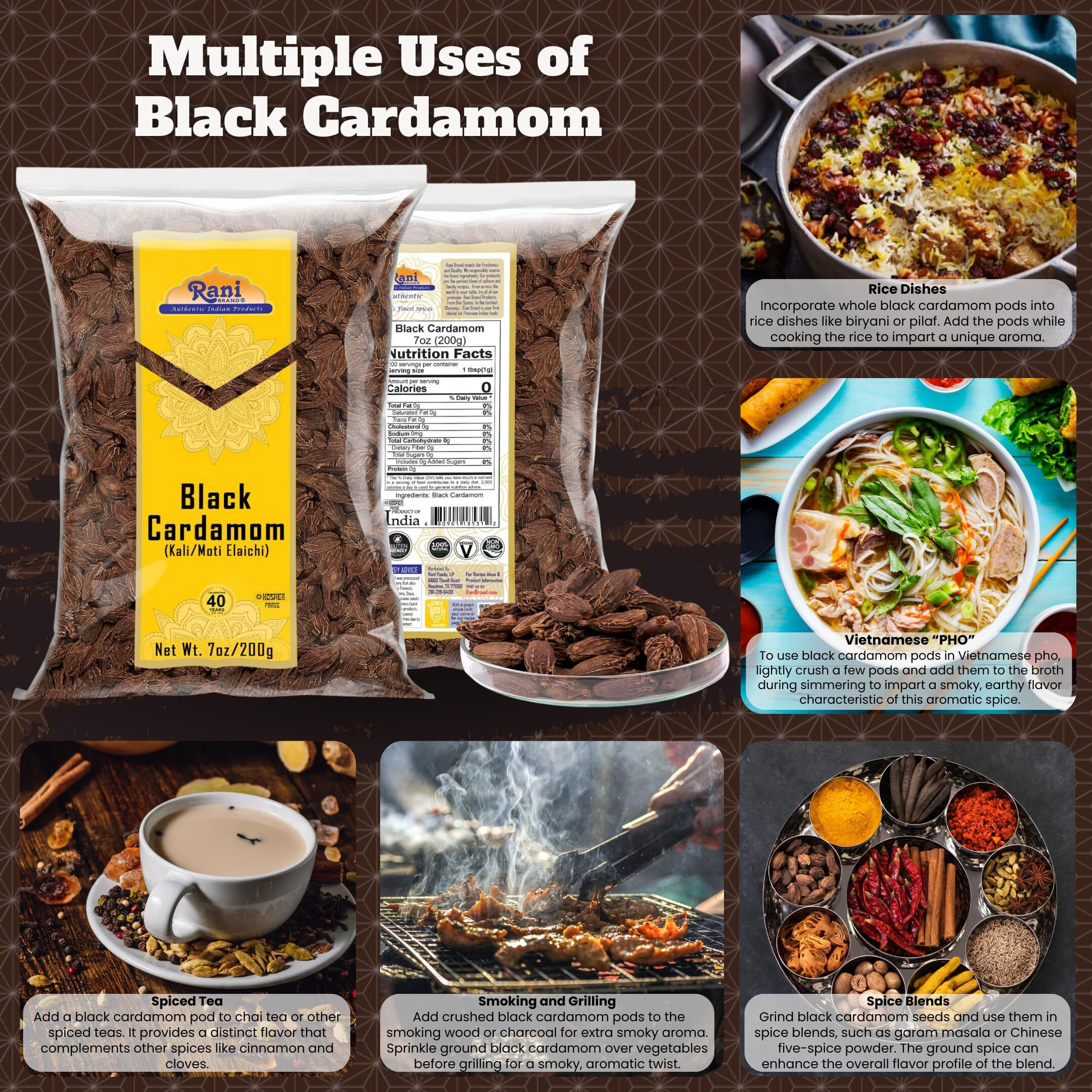 Rani Black Cardamom Pods (Kali Elachi) Whole Indian Spice 7oz (200g) ~ All Natural, Vegan, Gluten Friendly, NON-GMO, Indian Origin, Smokey, Tsaoko, Cao Guo, Bach Dan Khau, Badi