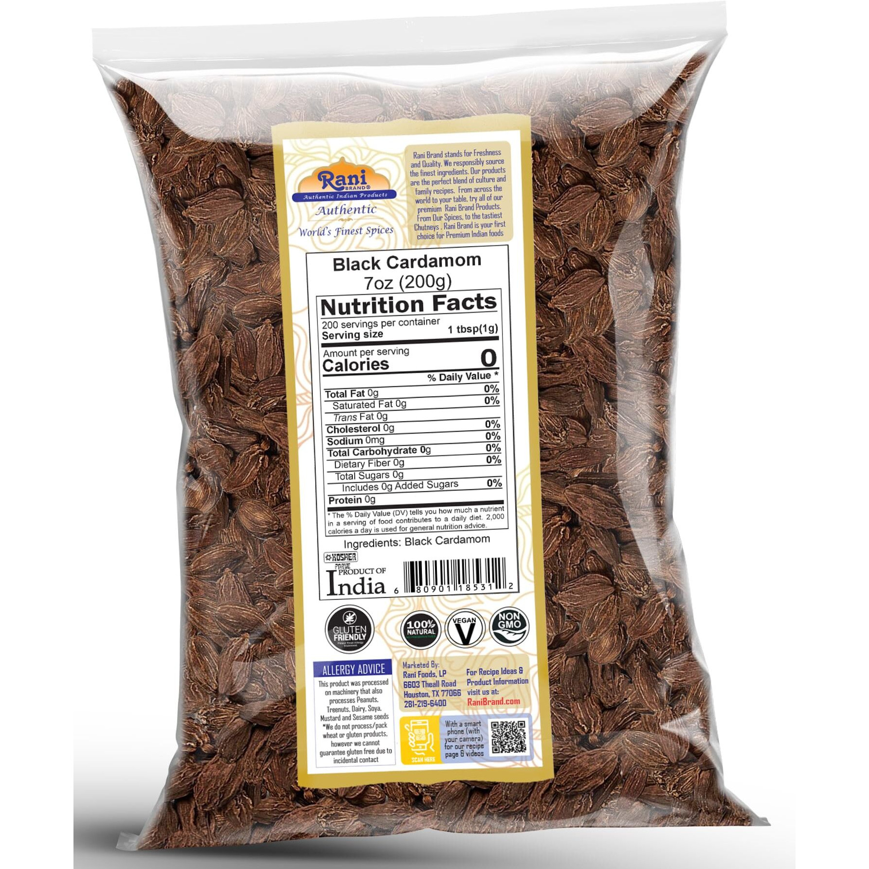 Rani Black Cardamom Pods (Kali Elachi) Whole Indian Spice 7oz (200g) ~ All Natural, Vegan, Gluten Friendly, NON-GMO, Indian Origin, Smokey, Tsaoko, Cao Guo, Bach Dan Khau, Badi