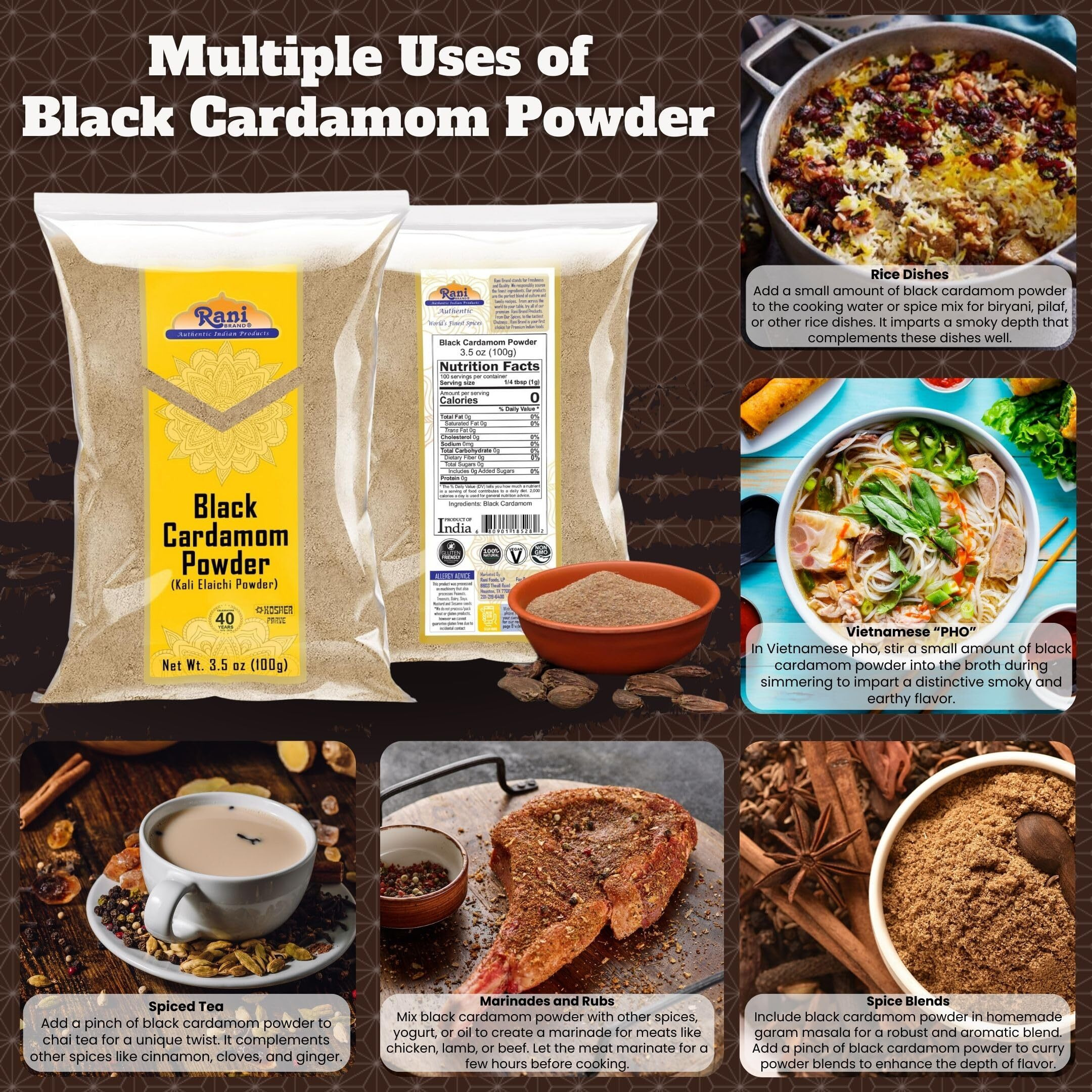 Rani Black Cardamom Powder (Kali Elachi) Indian Spice 3.5oz (100g) ~ All Natural, Vegan, Gluten Friendly, NON-GMO, Kosher, Indian Origin, Smokey, Tsaoko, Cao Guo, Bach Dan Khau, Badi