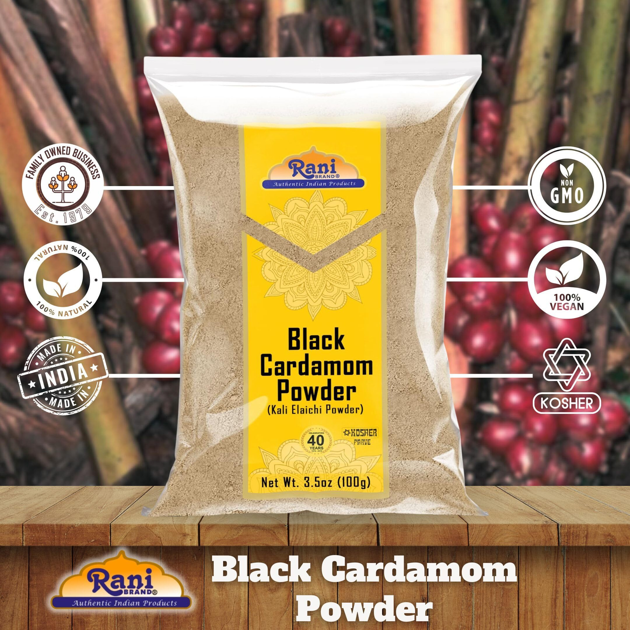 Rani Black Cardamom Powder (Kali Elachi) Indian Spice 3.5oz (100g) ~ All Natural, Vegan, Gluten Friendly, NON-GMO, Kosher, Indian Origin, Smokey, Tsaoko, Cao Guo, Bach Dan Khau, Badi