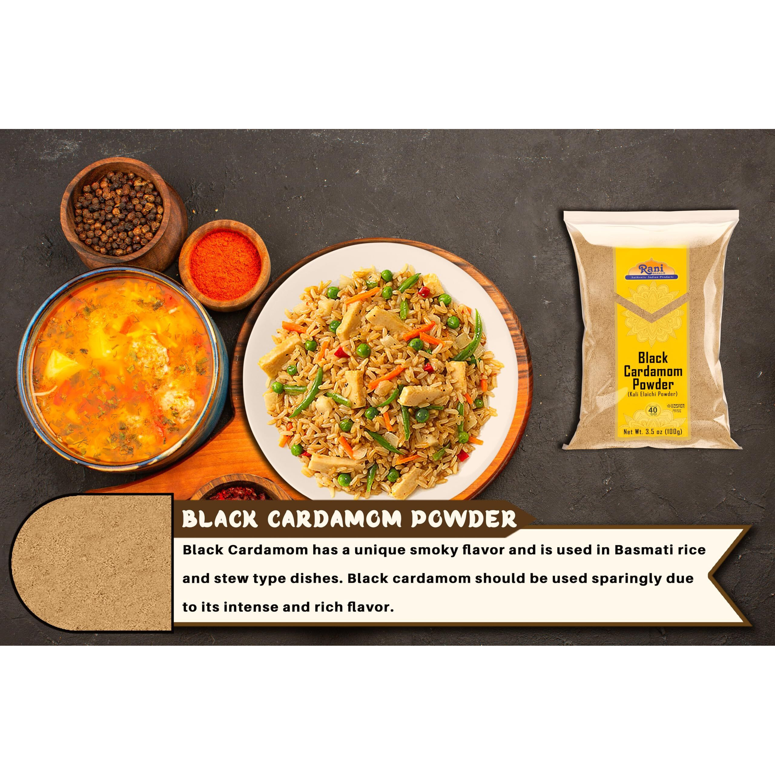 Rani Black Cardamom Powder (Kali Elachi) Indian Spice 3.5oz (100g) ~ All Natural, Vegan, Gluten Friendly, NON-GMO, Kosher, Indian Origin, Smokey, Tsaoko, Cao Guo, Bach Dan Khau, Badi