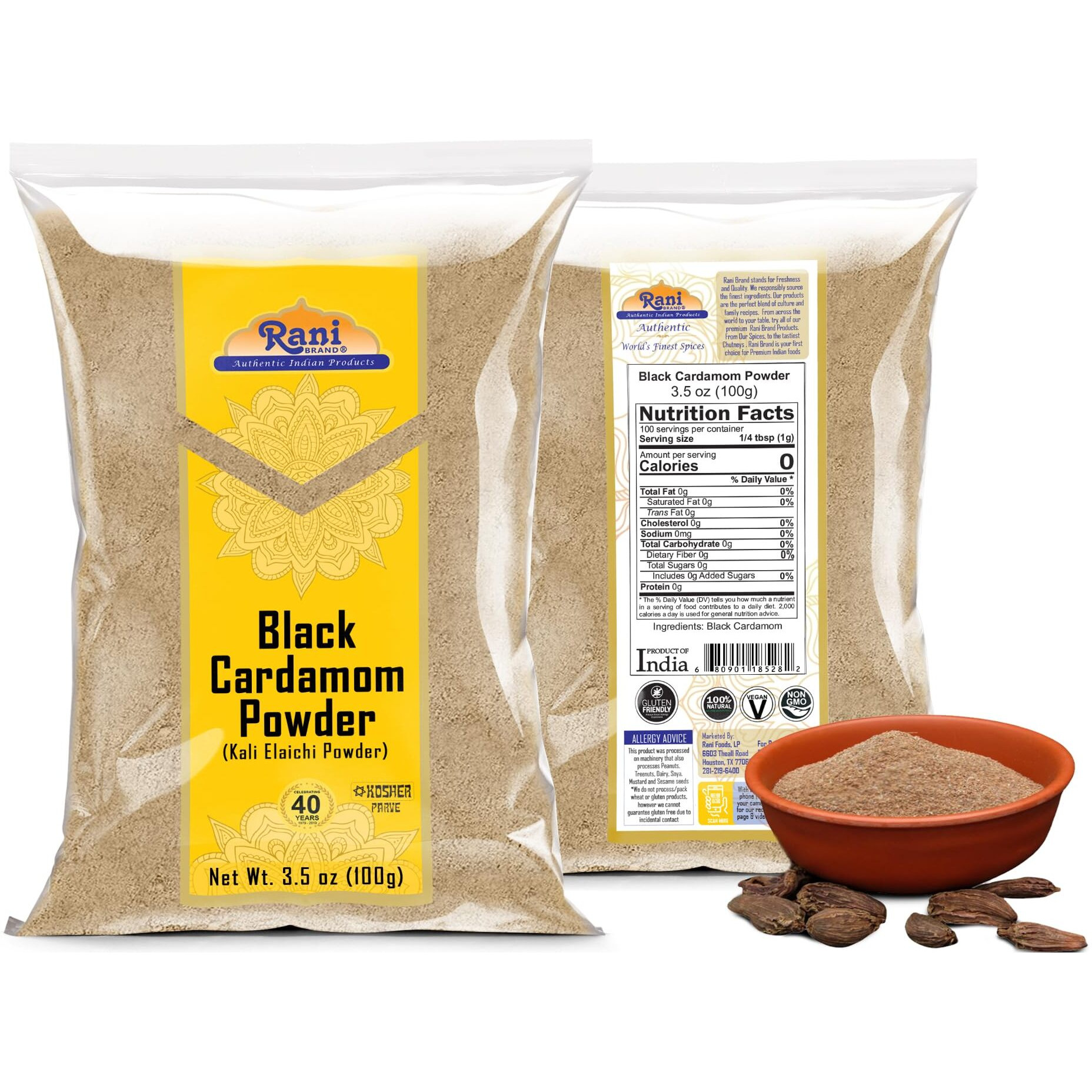 Rani Black Cardamom Powder (Kali Elachi) Indian Spice 3.5oz (100g) ~ All Natural, Vegan, Gluten Friendly, NON-GMO, Kosher, Indian Origin, Smokey, Tsaoko, Cao Guo, Bach Dan Khau, Badi