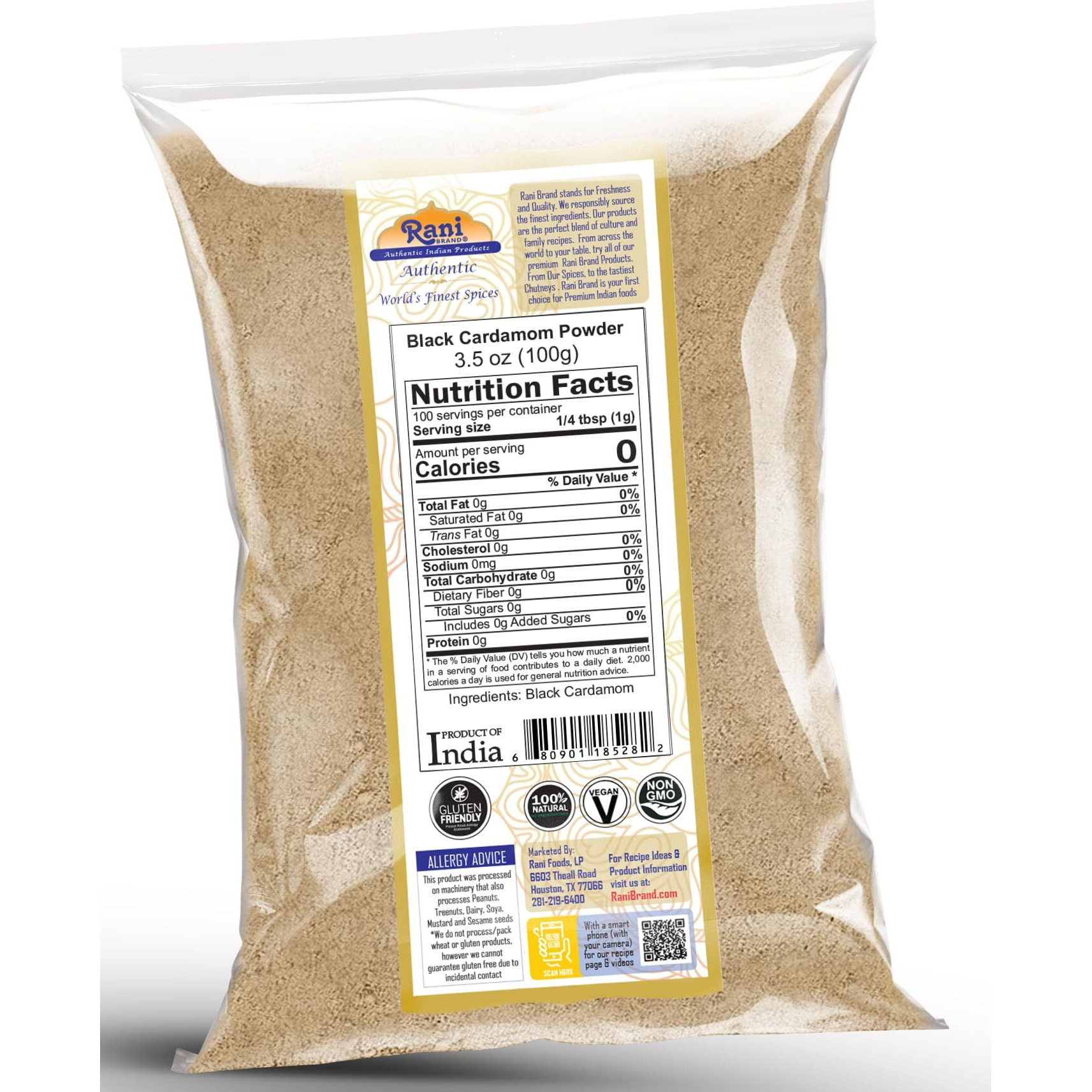 Rani Black Cardamom Powder (Kali Elachi) Indian Spice 3.5oz (100g) ~ All Natural, Vegan, Gluten Friendly, NON-GMO, Kosher, Indian Origin, Smokey, Tsaoko, Cao Guo, Bach Dan Khau, Badi