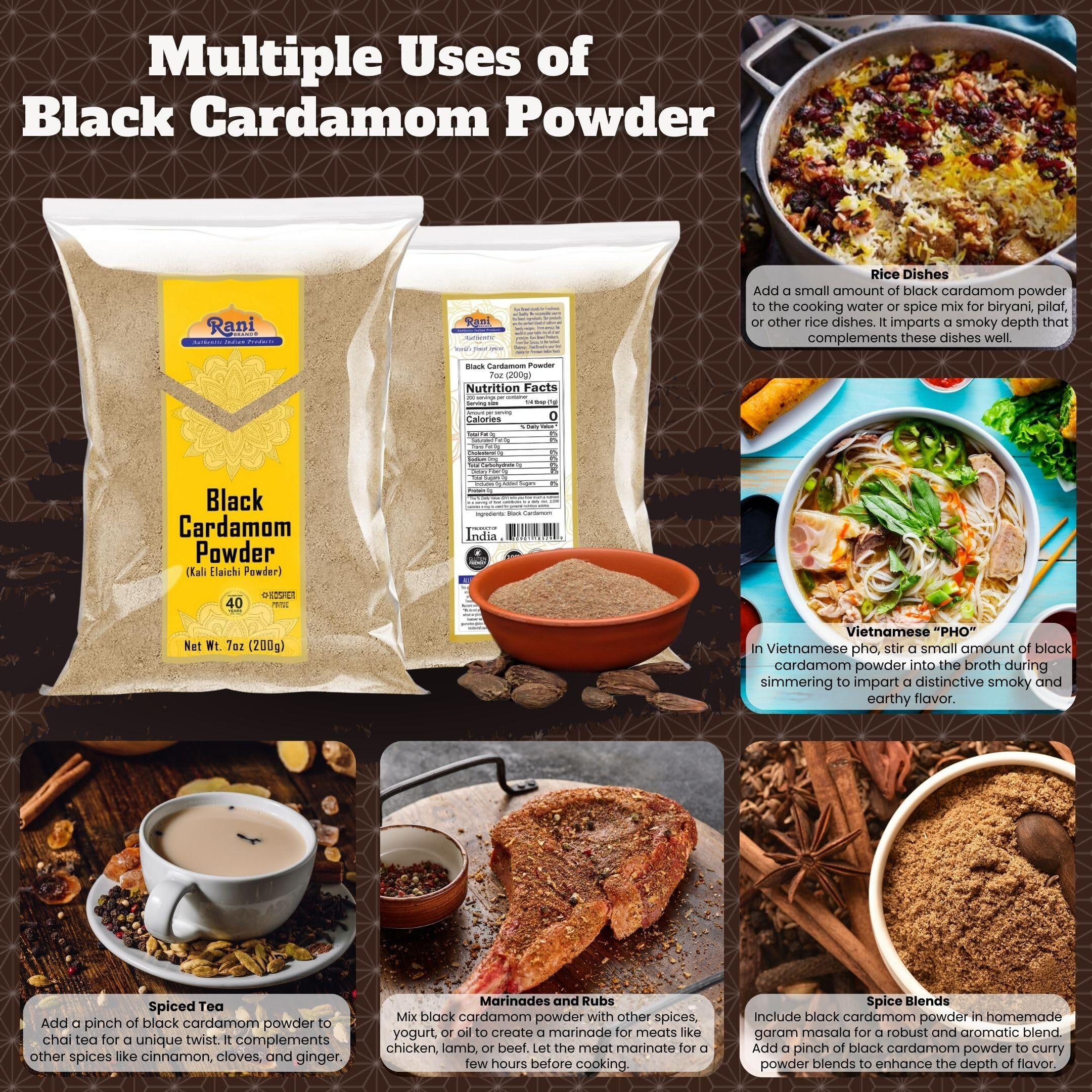 Rani Black Cardamom Powder (Kali Elachi) Indian Spice 7oz (200g) ~ All Natural, Vegan, Gluten Friendly, NON-GMO, Kosher, Indian Origin, Smokey, Tsaoko, Cao Guo, Bach Dan Khau, Badi