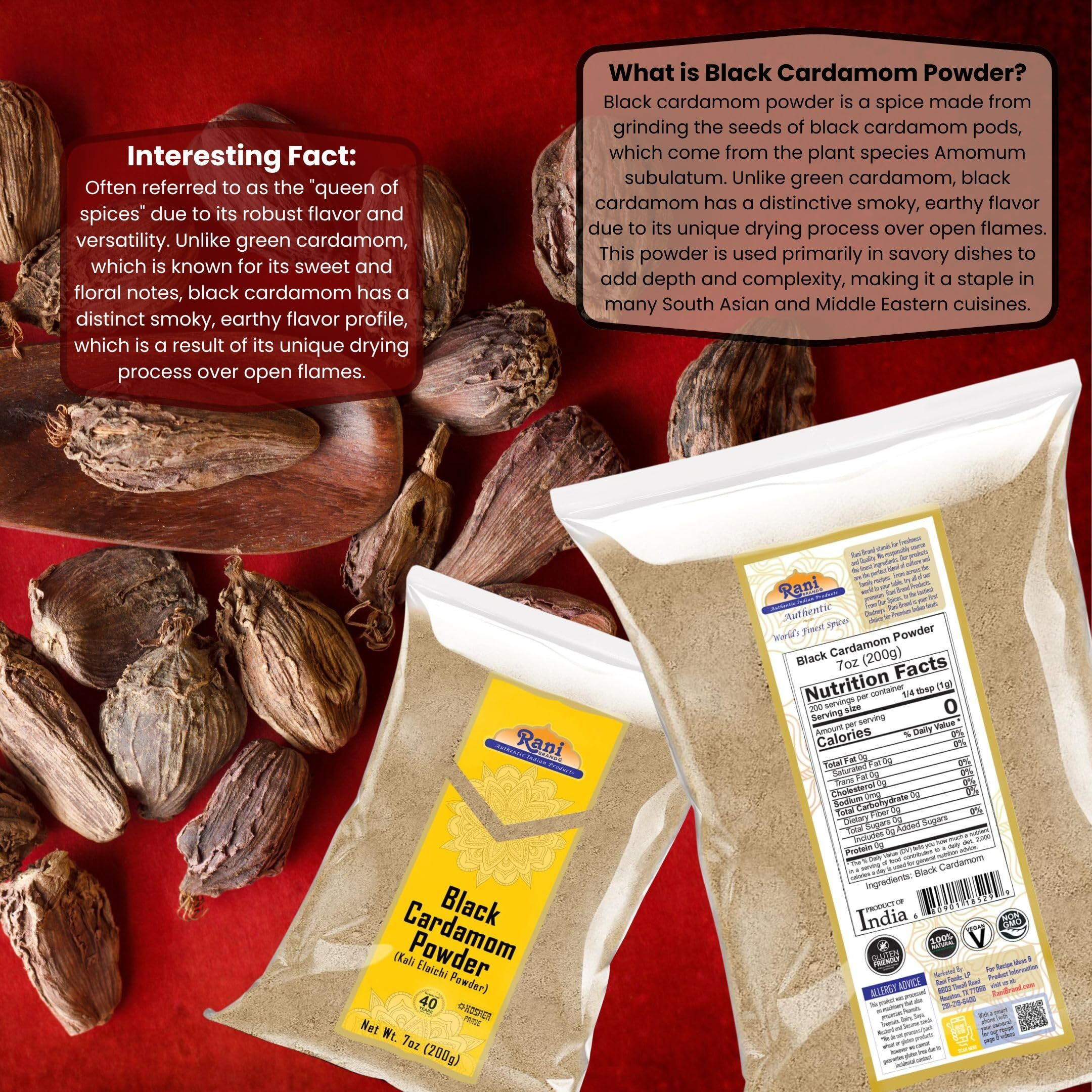 Rani Black Cardamom Powder (Kali Elachi) Indian Spice 7oz (200g) ~ All Natural, Vegan, Gluten Friendly, NON-GMO, Kosher, Indian Origin, Smokey, Tsaoko, Cao Guo, Bach Dan Khau, Badi
