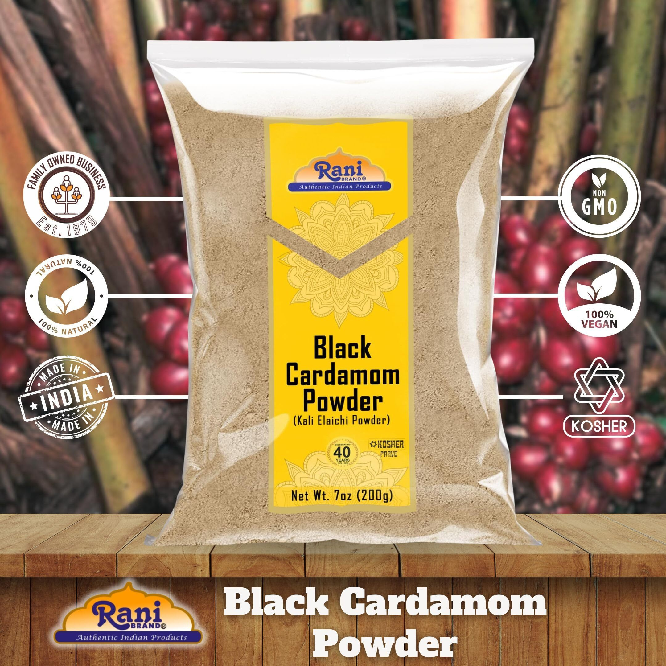 Rani Black Cardamom Powder (Kali Elachi) Indian Spice 7oz (200g) ~ All Natural, Vegan, Gluten Friendly, NON-GMO, Kosher, Indian Origin, Smokey, Tsaoko, Cao Guo, Bach Dan Khau, Badi