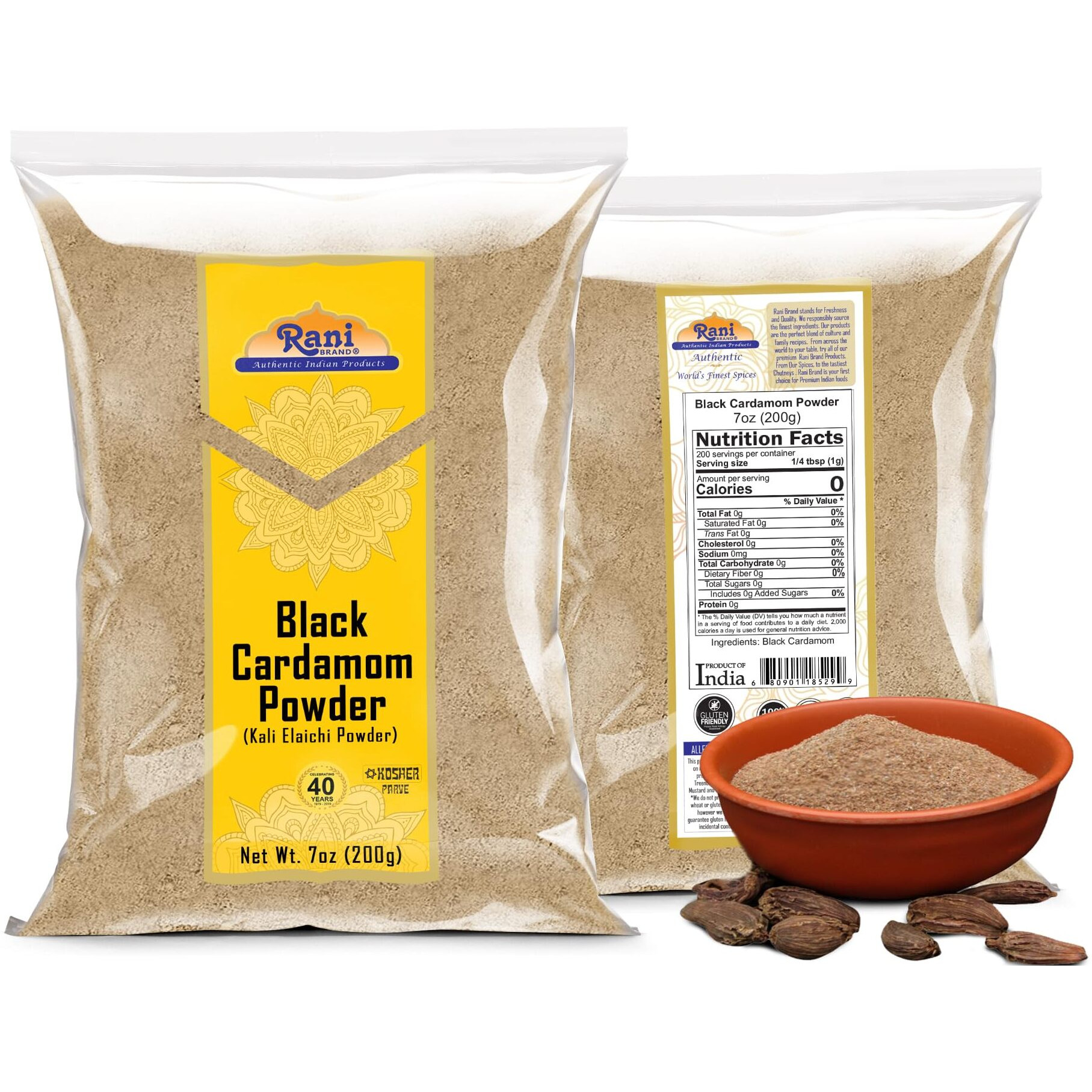 Rani Black Cardamom Powder (Kali Elachi) Indian Spice 7oz (200g) ~ All Natural, Vegan, Gluten Friendly, NON-GMO, Kosher, Indian Origin, Smokey, Tsaoko, Cao Guo, Bach Dan Khau, Badi