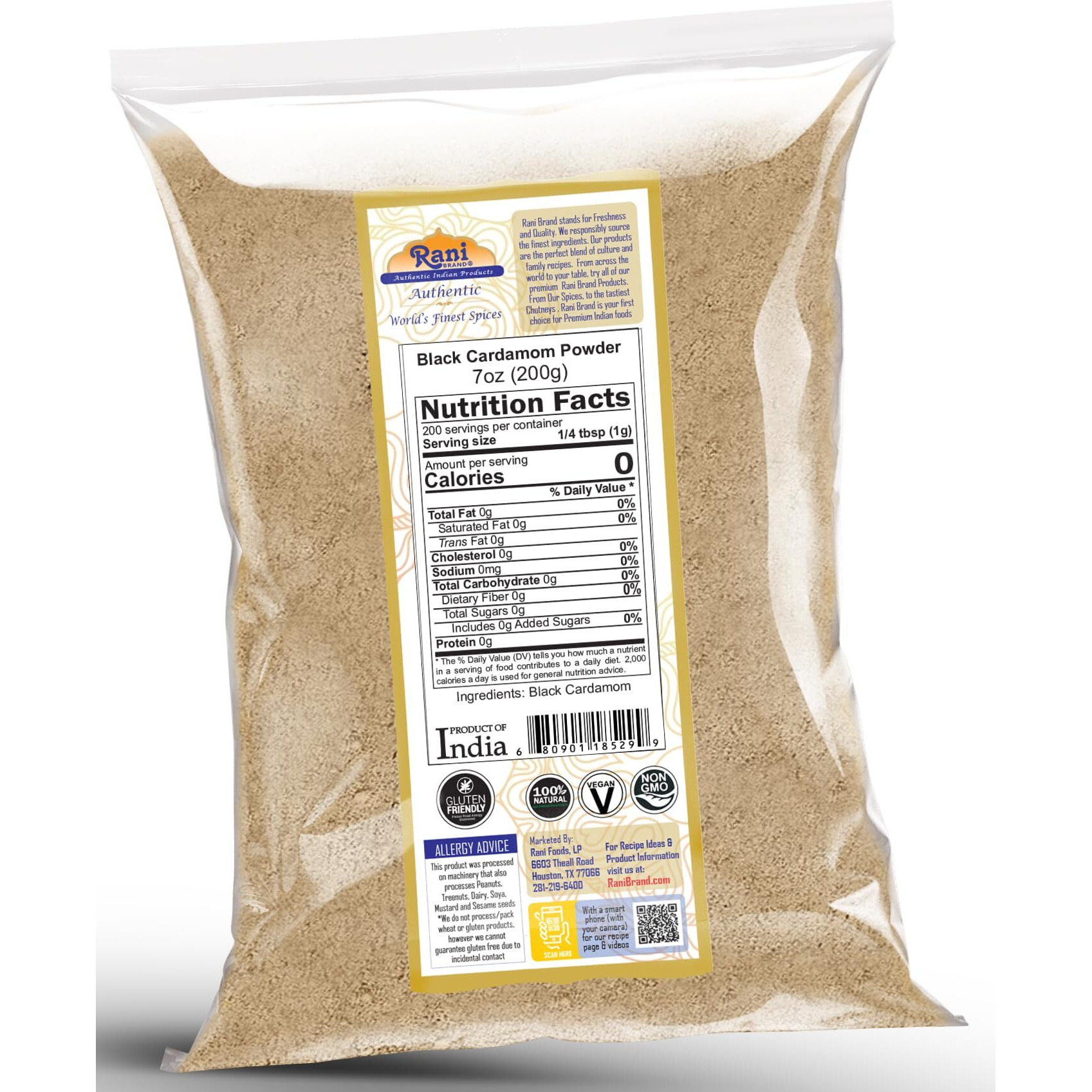 Rani Black Cardamom Powder (Kali Elachi) Indian Spice 7oz (200g) ~ All Natural, Vegan, Gluten Friendly, NON-GMO, Kosher, Indian Origin, Smokey, Tsaoko, Cao Guo, Bach Dan Khau, Badi