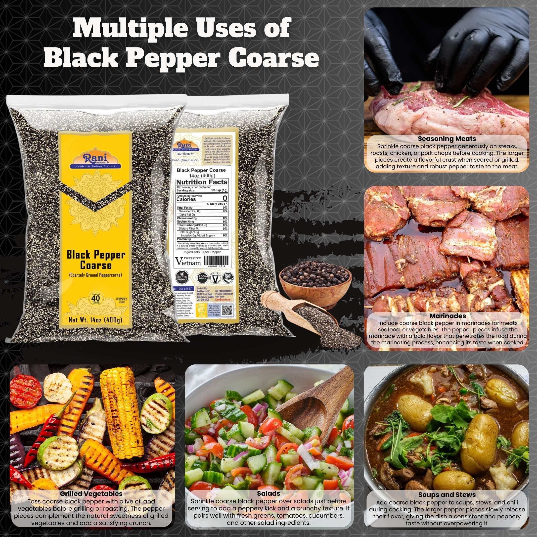 Rani Black Pepper Coarse Ground 28 Mesh (Table Grind) 14oz (400g) ~ All Natural, Vegan, Gluten Friendly, NON-GMO, Kosher, Product of Vietnam