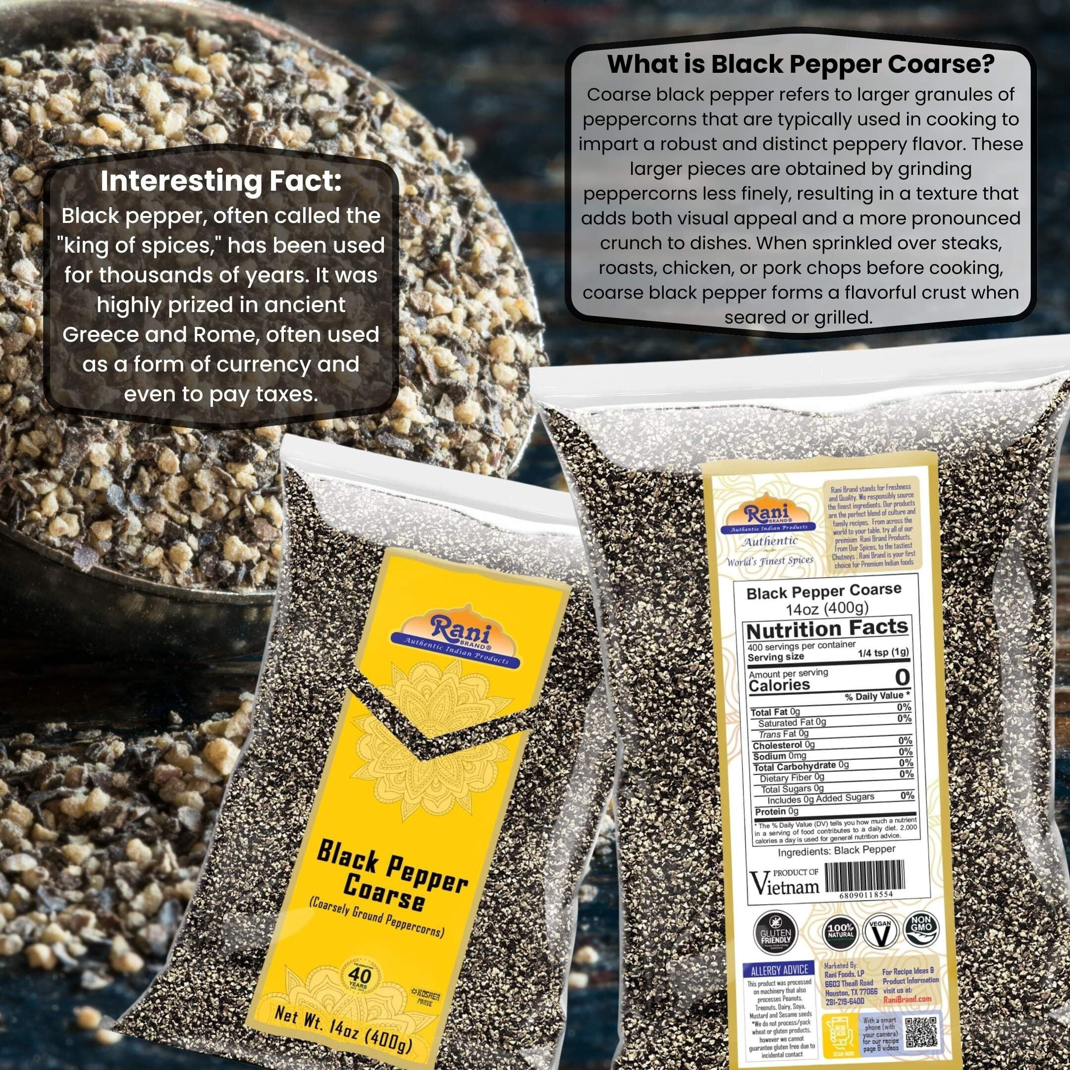 Rani Black Pepper Coarse Ground 28 Mesh (Table Grind) 14oz (400g) ~ All Natural, Vegan, Gluten Friendly, NON-GMO, Kosher, Product of Vietnam