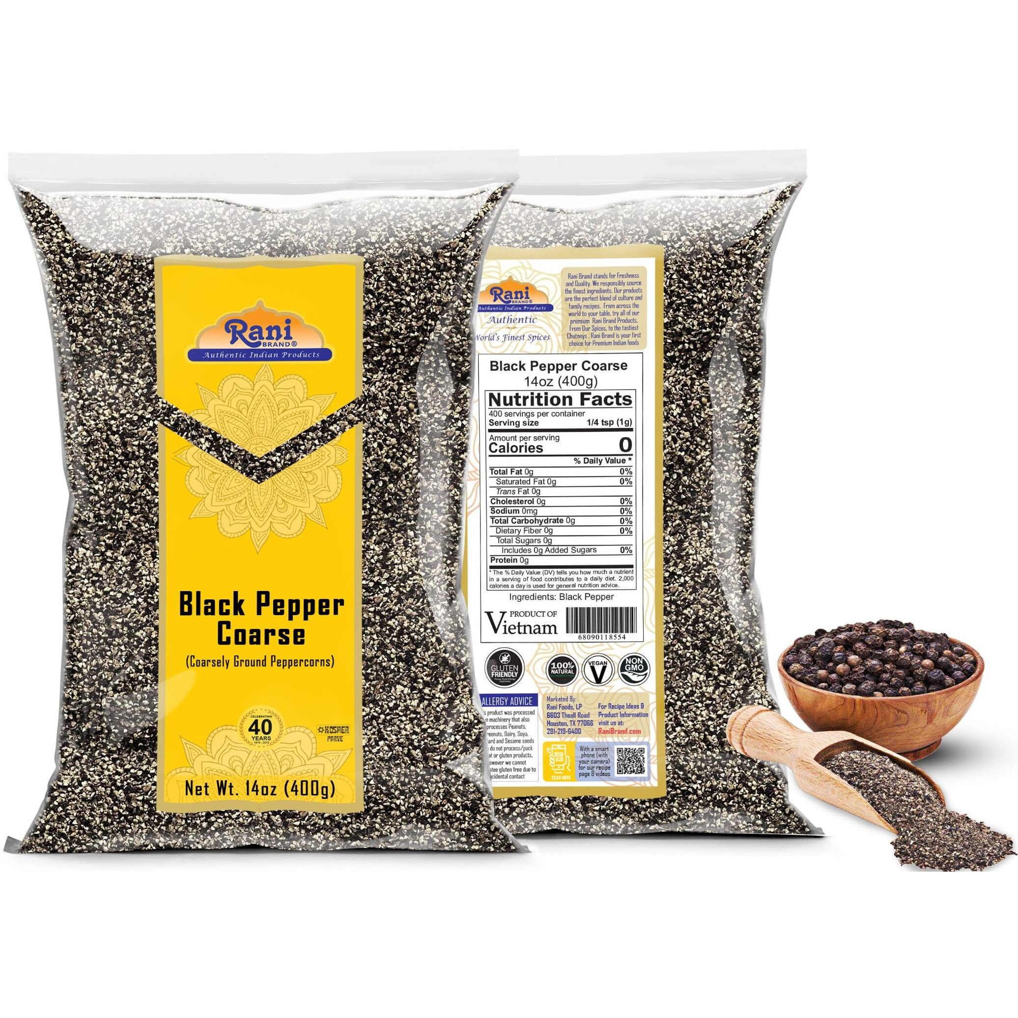 Rani Black Pepper Coarse Ground 28 Mesh (Table Grind) 14oz (400g) ~ All Natural, Vegan, Gluten Friendly, NON-GMO, Kosher, Product of Vietnam