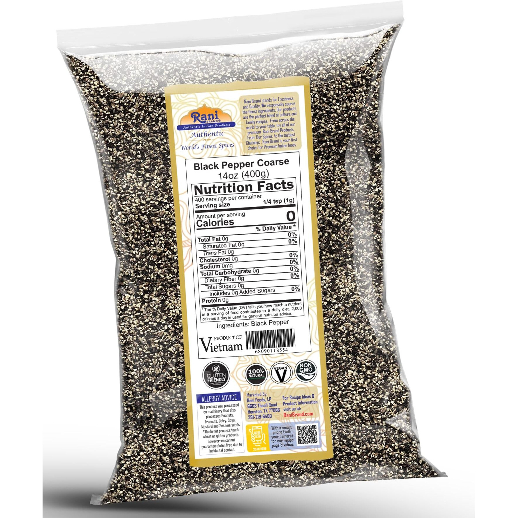 Rani Black Pepper Coarse Ground 28 Mesh (Table Grind) 14oz (400g) ~ All Natural, Vegan, Gluten Friendly, NON-GMO, Kosher, Product of Vietnam
