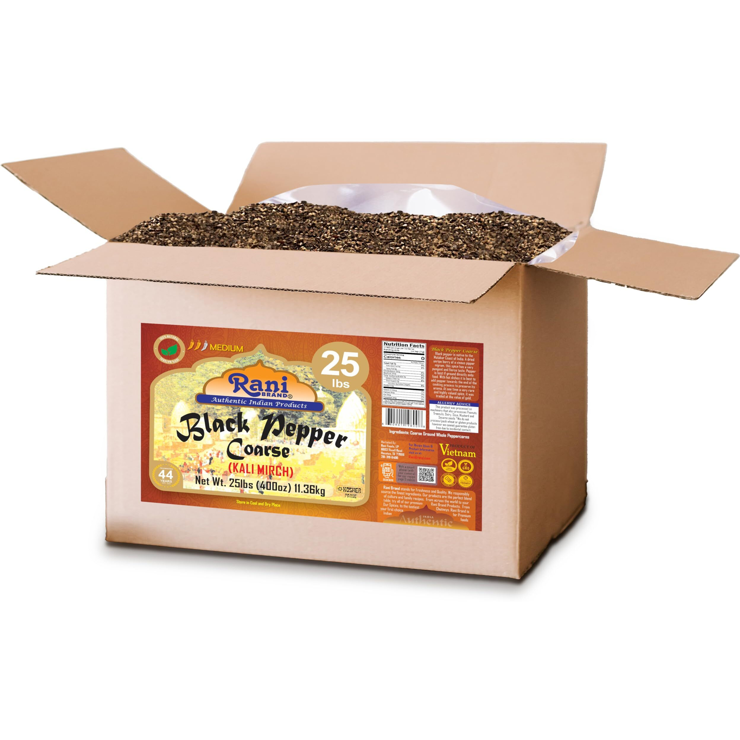 Rani Black Pepper Coarse Ground 28 Mesh (Table Grind) 400oz (25lbs) 11.36kg Bulk Box ~ All Natural, Vegan, Gluten Friendly, NON-GMO, Kosher, Product of Vietnam