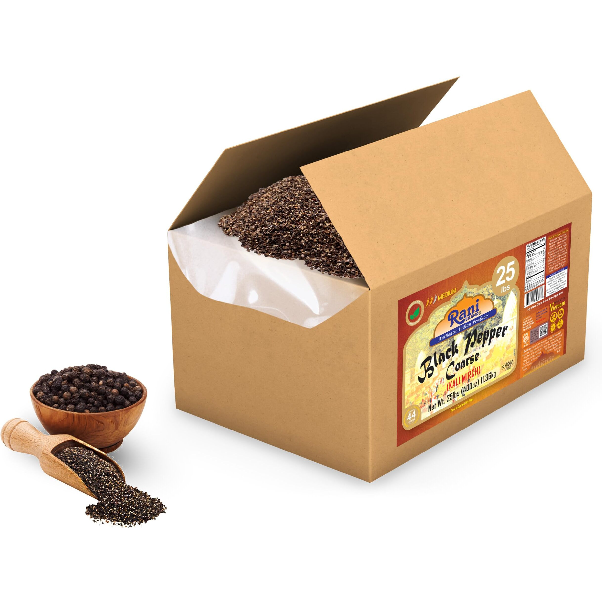 Rani Black Pepper Coarse Ground 28 Mesh (Table Grind) 400oz (25lbs) 11.36kg Bulk Box ~ All Natural, Vegan, Gluten Friendly, NON-GMO, Kosher, Product of Vietnam