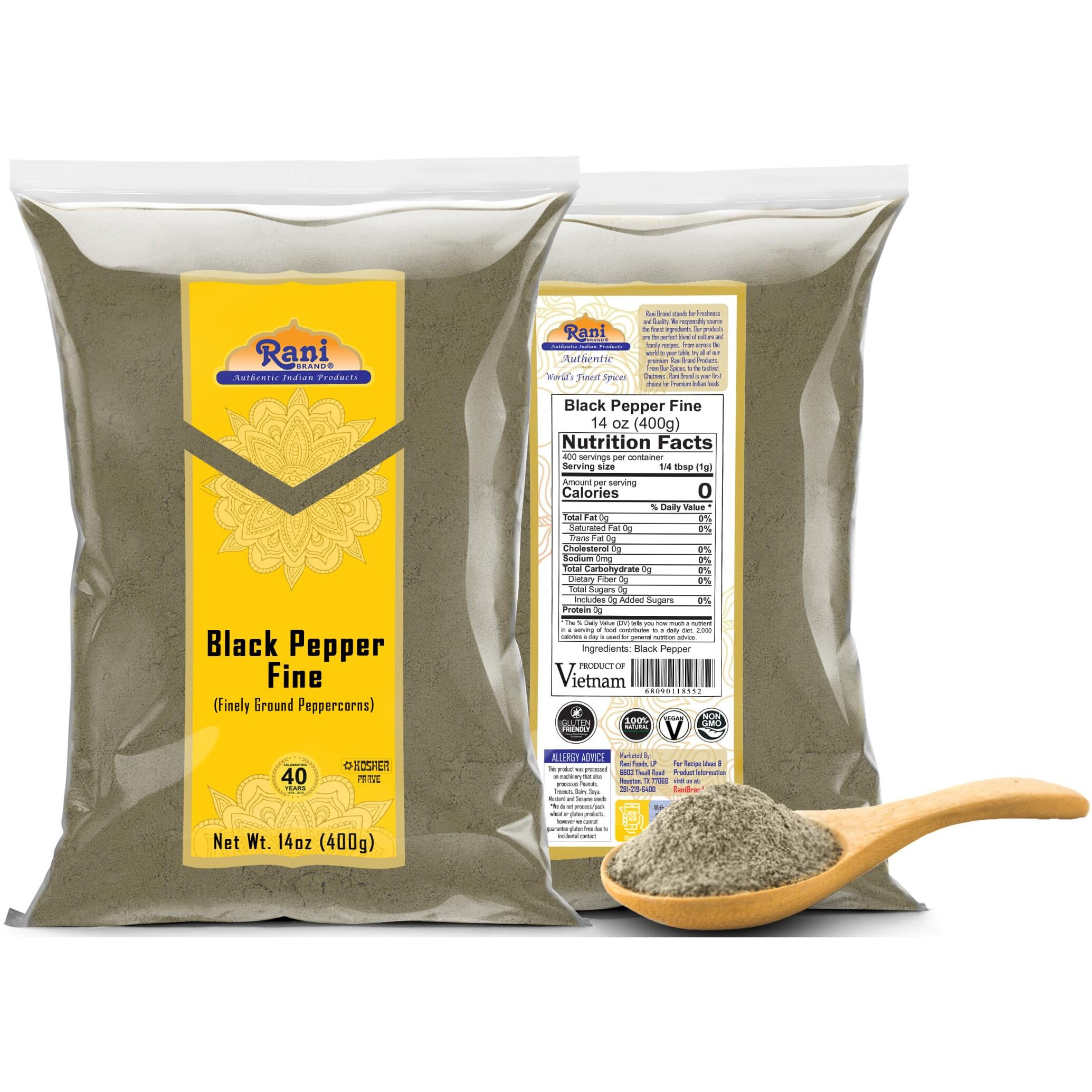 Rani Black Pepper Fine Powder 80 Mesh 14oz (400g) ~ All Natural, Vegan, Gluten Friendly, NON-GMO, Kosher, Product of Vietnam