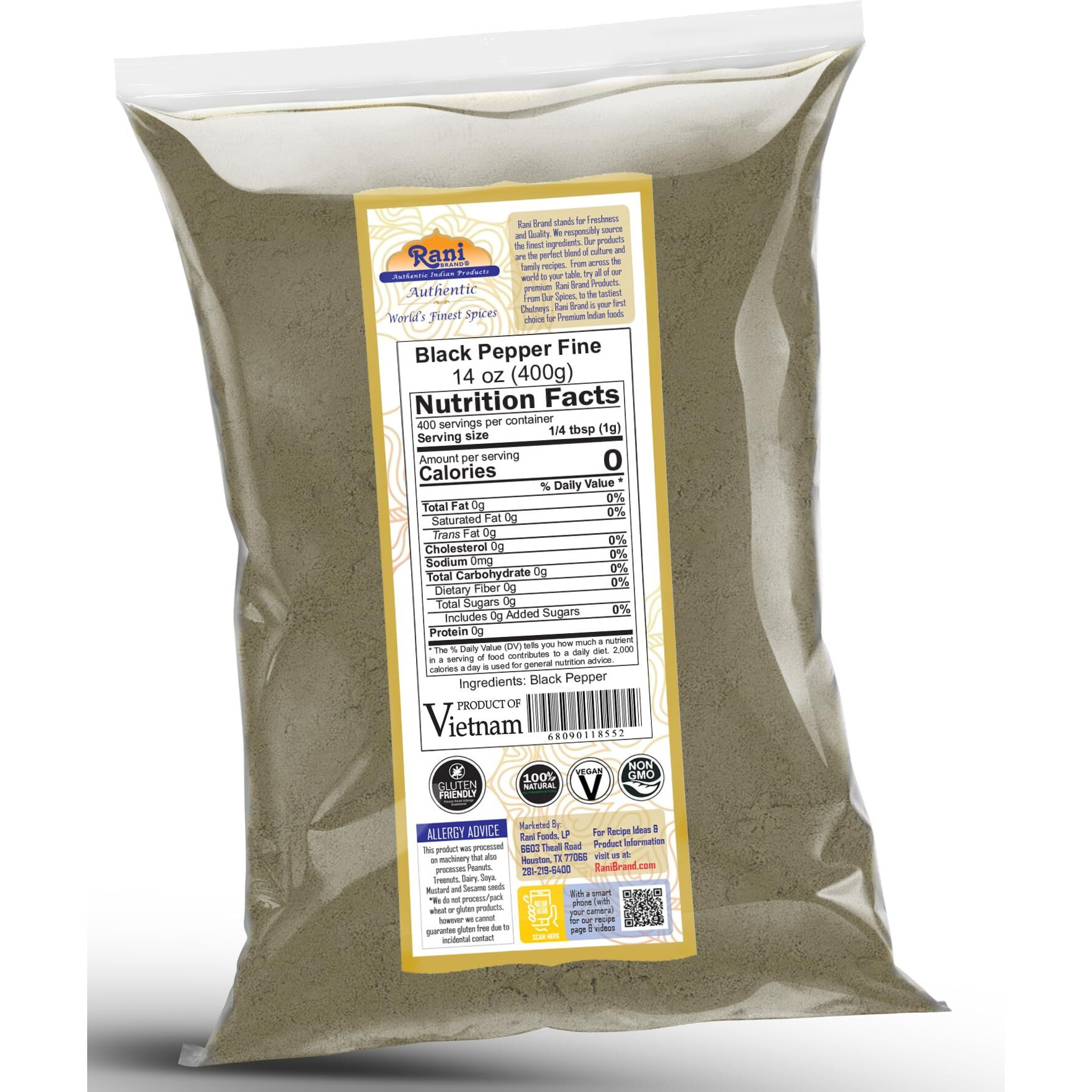 Rani Black Pepper Fine Powder 80 Mesh 14oz (400g) ~ All Natural, Vegan, Gluten Friendly, NON-GMO, Kosher, Product of Vietnam