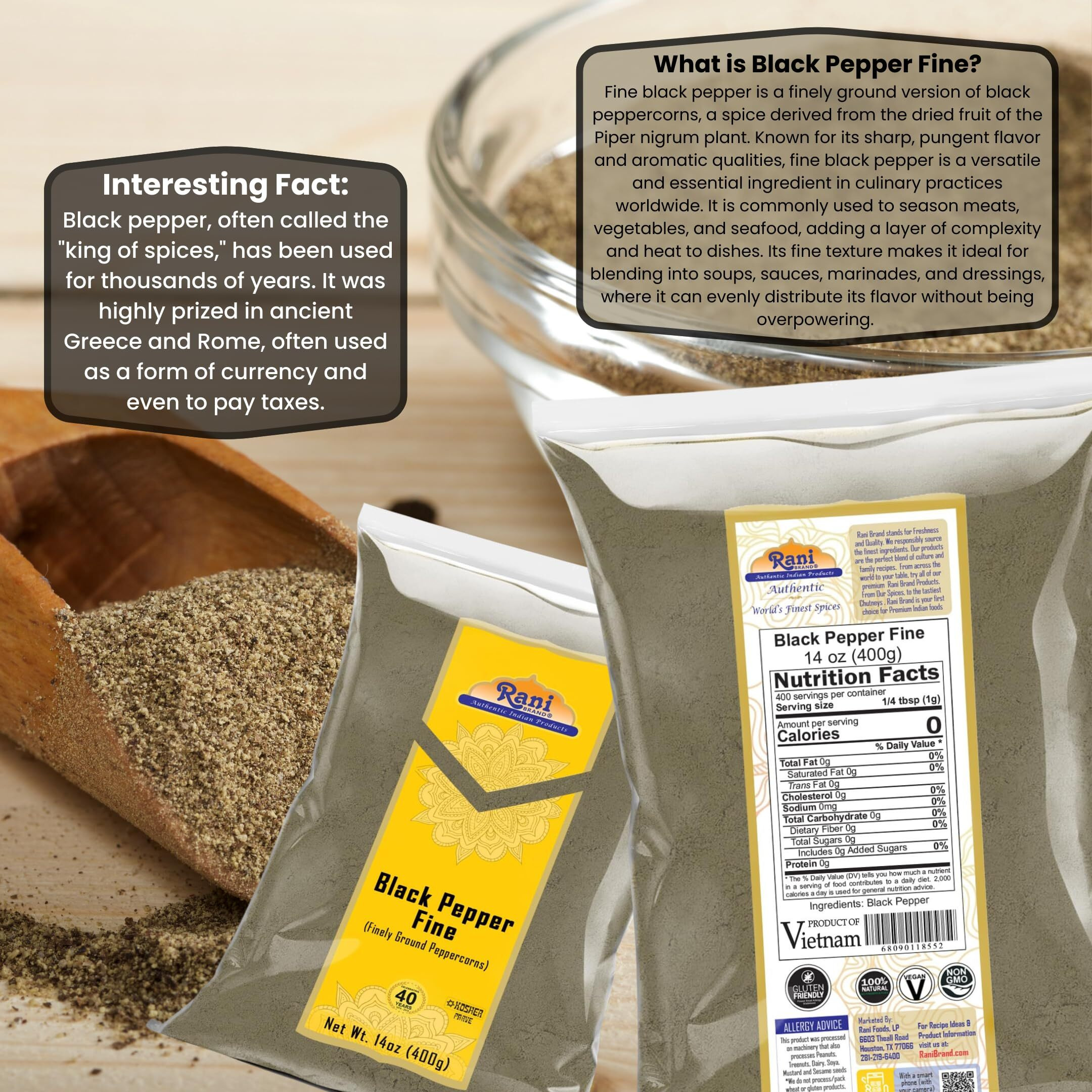 Rani Black Pepper Fine Powder 80 Mesh 14oz (400g) ~ All Natural, Vegan, Gluten Friendly, NON-GMO, Kosher, Product of Vietnam