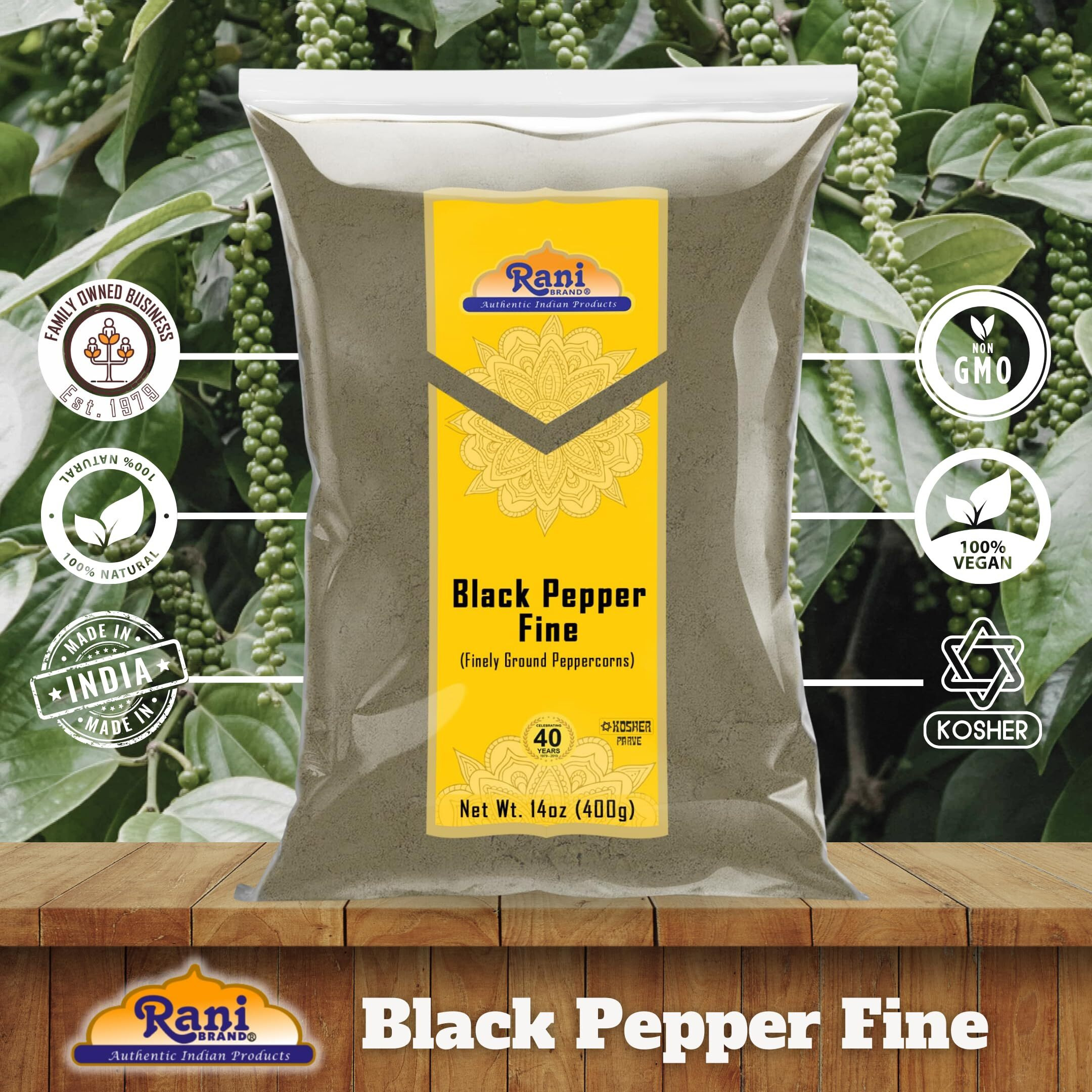 Rani Black Pepper Fine Powder 80 Mesh 14oz (400g) ~ All Natural, Vegan, Gluten Friendly, NON-GMO, Kosher, Product of Vietnam