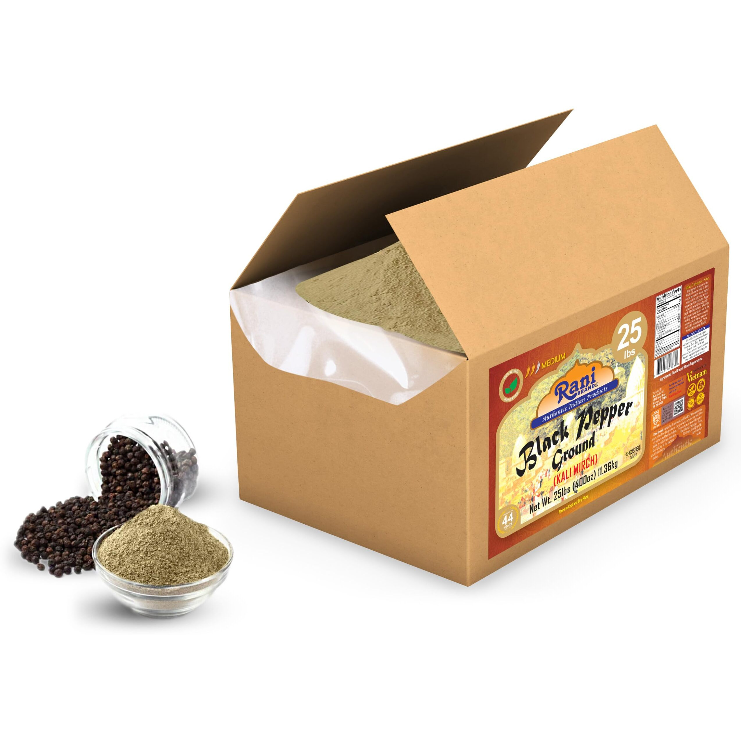 Rani Black Pepper Fine Powder 80 Mesh 400oz (25lbs) 11.36kg Bulk Box ~ All Natural, Vegan, Gluten Friendly, NON-GMO, Kosher, Product of Vietnam