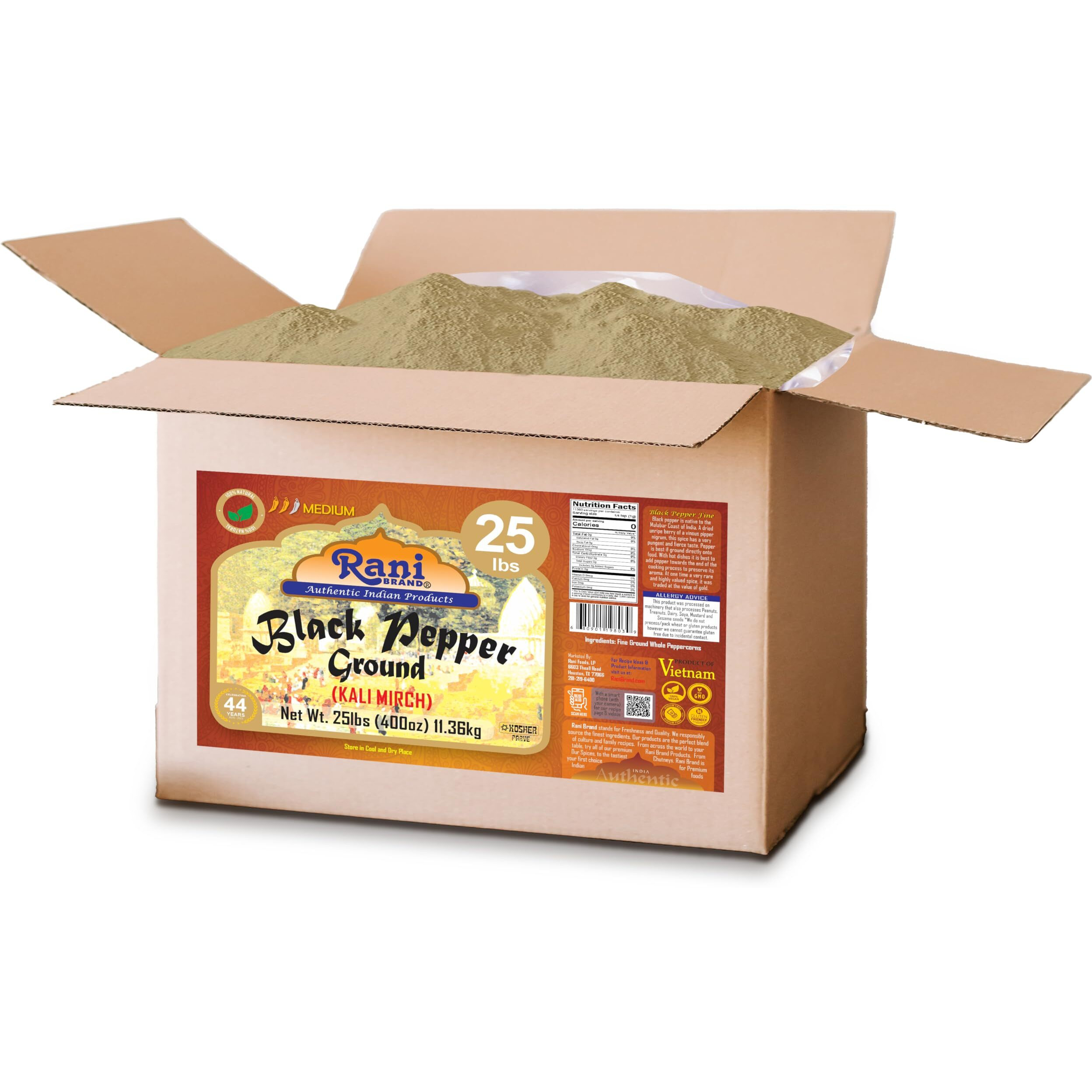 Rani Black Pepper Fine Powder 80 Mesh 400oz (25lbs) 11.36kg Bulk Box ~ All Natural, Vegan, Gluten Friendly, NON-GMO, Kosher, Product of Vietnam