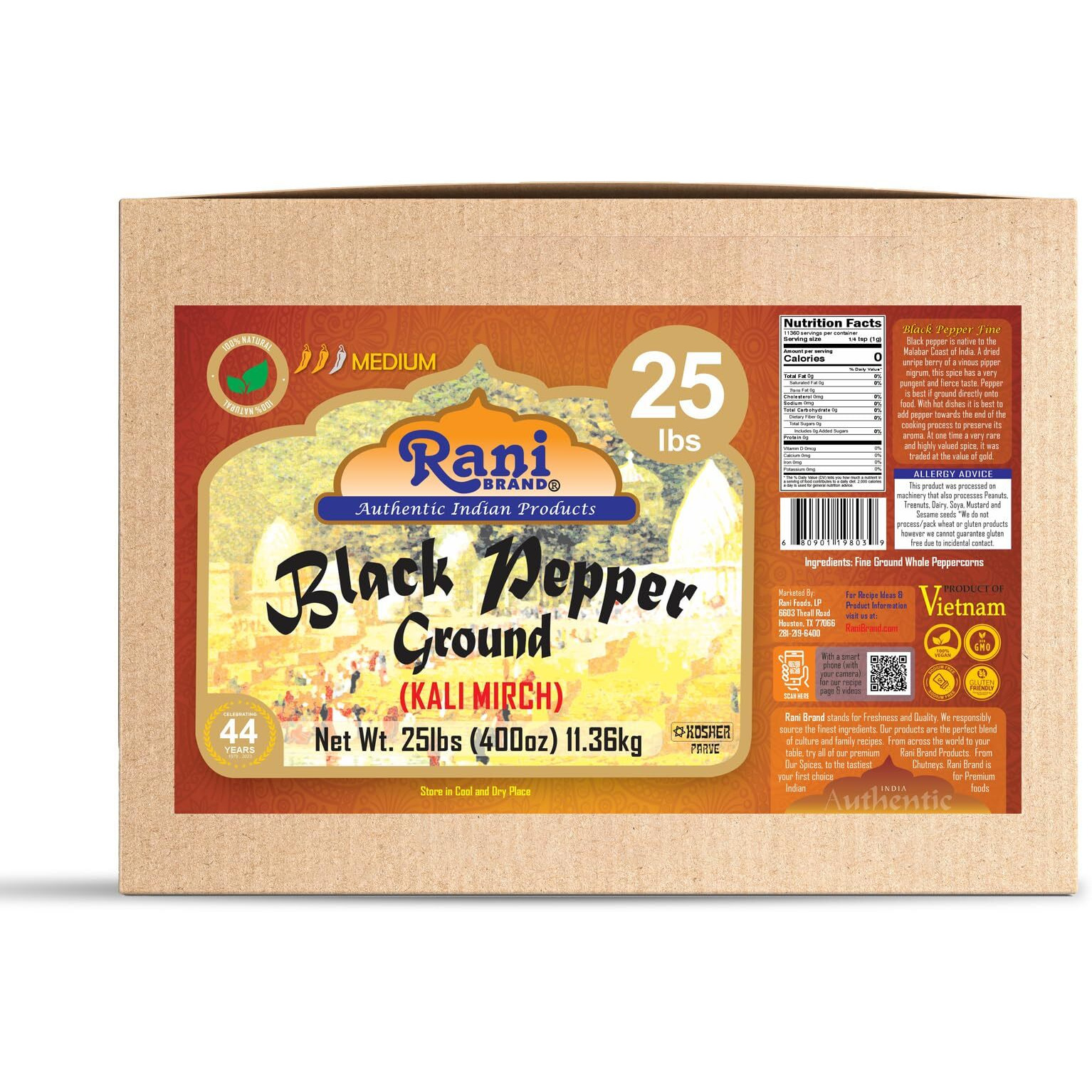 Rani Black Pepper Fine Powder 80 Mesh 400oz (25lbs) 11.36kg Bulk Box ~ All Natural, Vegan, Gluten Friendly, NON-GMO, Kosher, Product of Vietnam