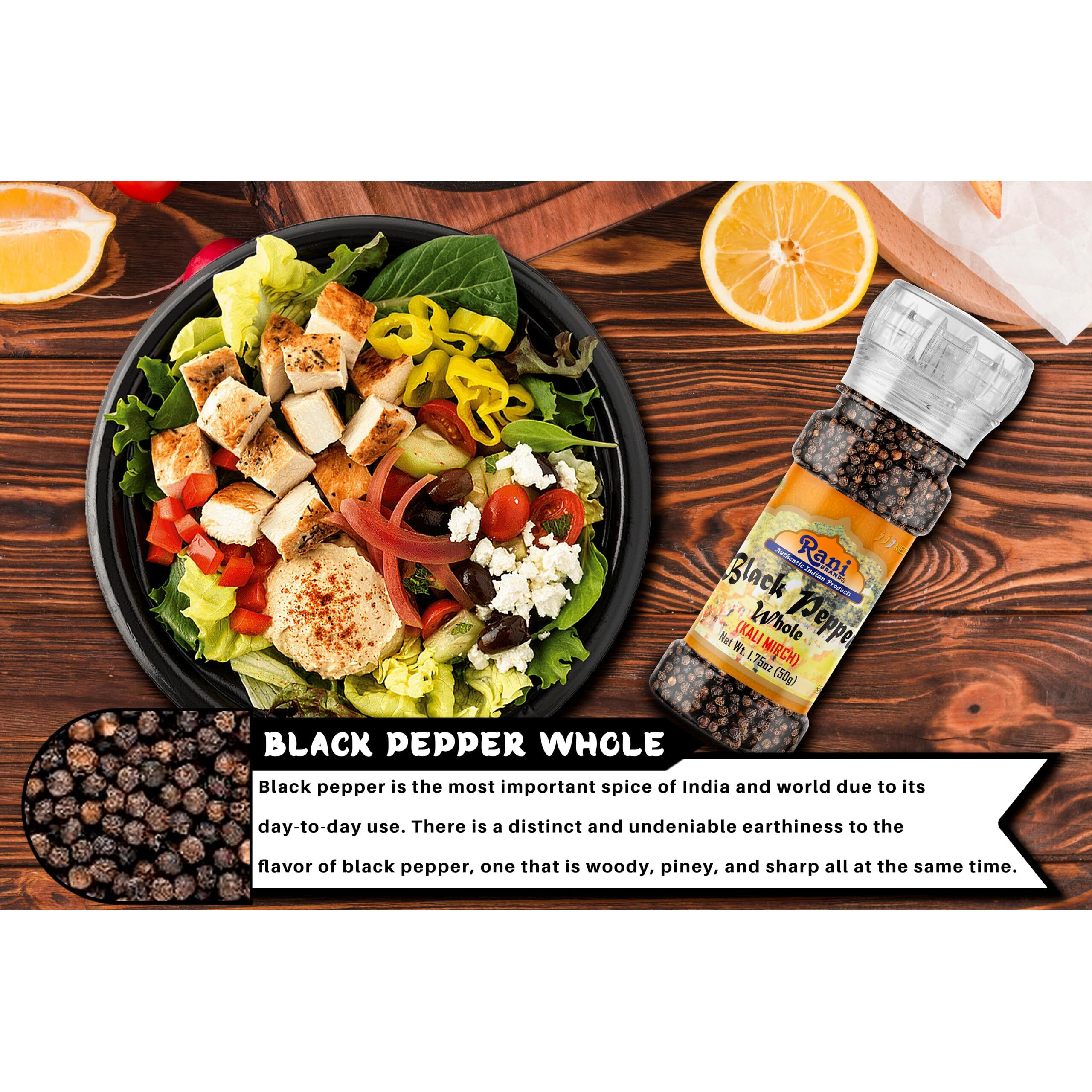 Rani Black Pepper Whole (Peppercorns), Premium MG-1 Grade 1.8oz (51g) Grinder Bottle ~ All Natural, Gluten Friendly, Non-GMO, Kosher, Product of Vietnam, Perfect size for Grinders