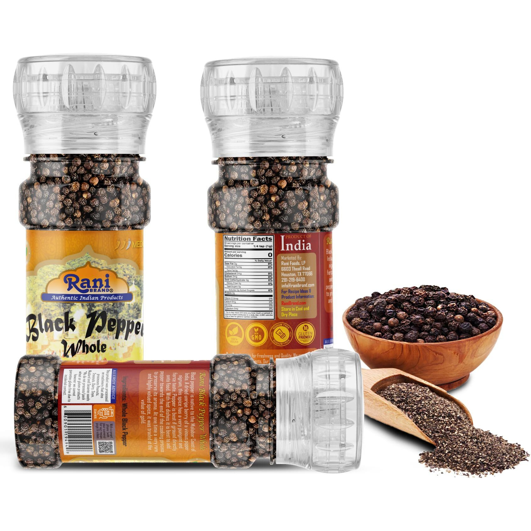 Rani Black Pepper Whole (Peppercorns), Premium MG-1 Grade 1.8oz (51g) Grinder Bottle ~ All Natural, Gluten Friendly, Non-GMO, Kosher, Product of Vietnam, Perfect size for Grinders