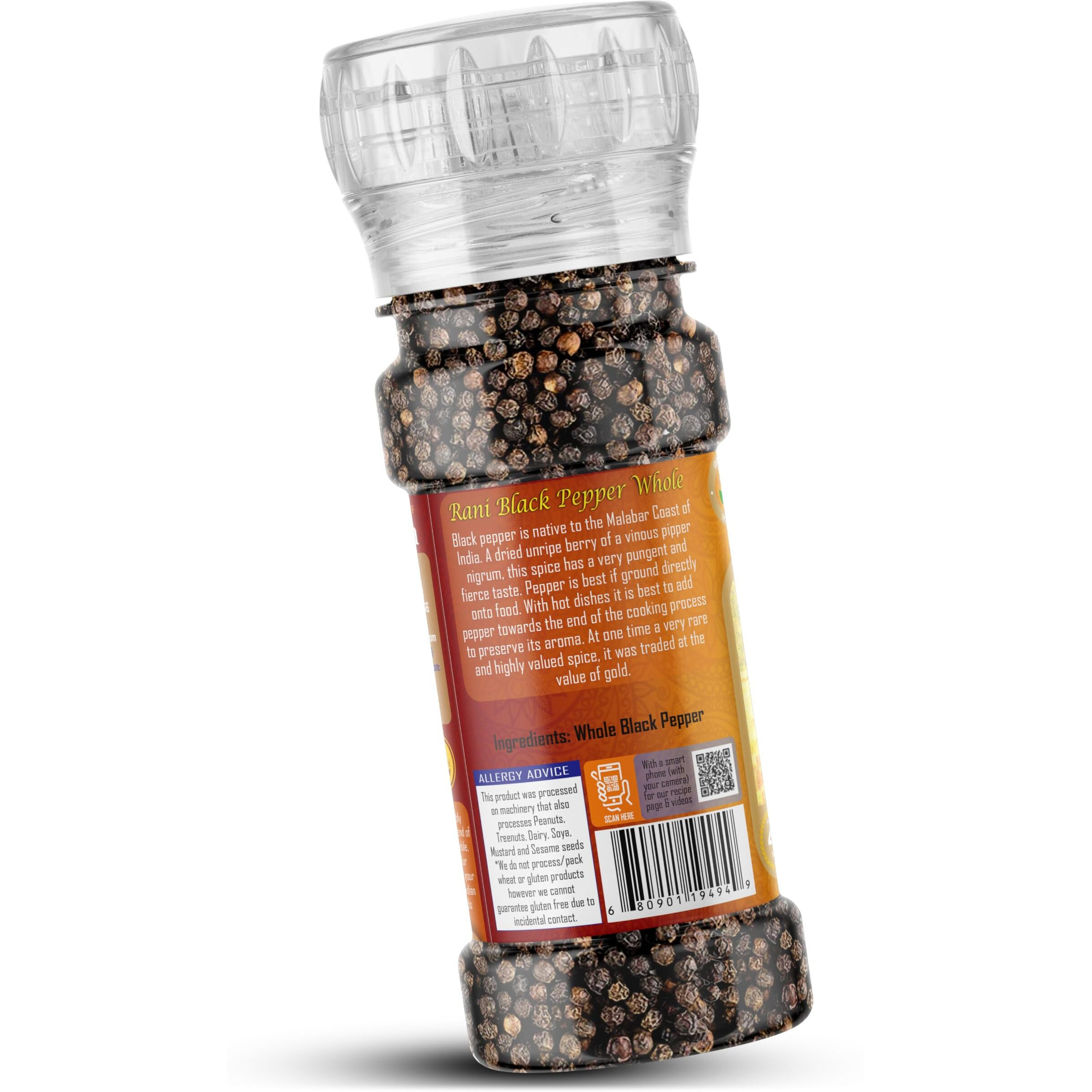 Rani Black Pepper Whole (Peppercorns), Premium MG-1 Grade 1.8oz (51g) Grinder Bottle ~ All Natural, Gluten Friendly, Non-GMO, Kosher, Product of Vietnam, Perfect size for Grinders
