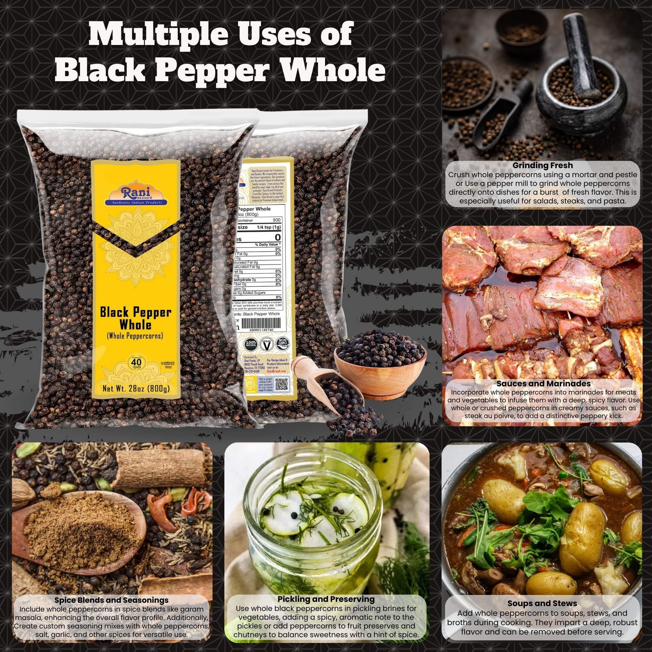 Rani Black Pepper Whole (Peppercorns), Premium MG-1 Grade 28oz (1.75lbs) 800g ~ All Natural, Gluten Friendly, Non-GMO, Kosher, Product of Vietnam, Perfect size for Grinders