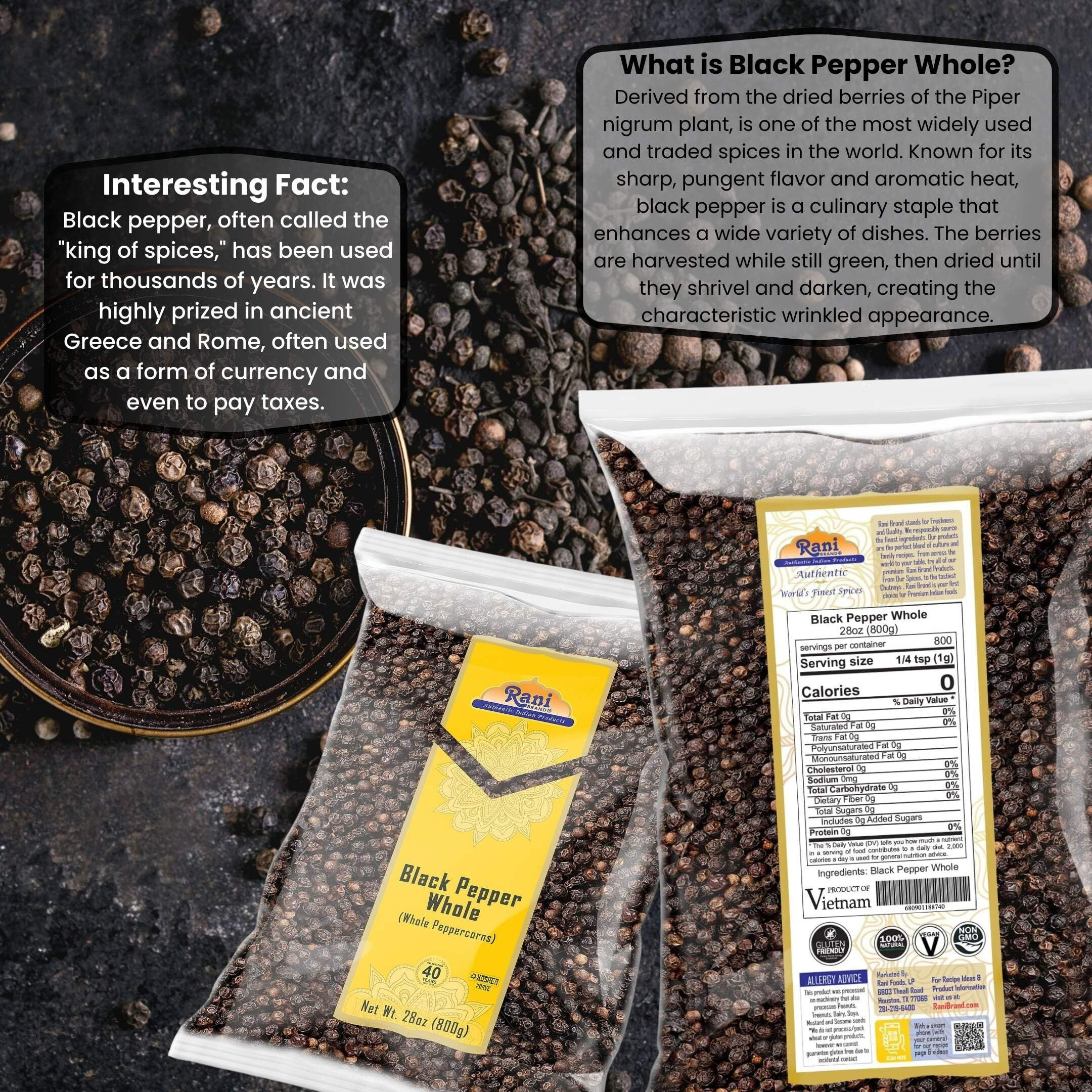 Rani Black Pepper Whole (Peppercorns), Premium MG-1 Grade 28oz (1.75lbs) 800g ~ All Natural, Gluten Friendly, Non-GMO, Kosher, Product of Vietnam, Perfect size for Grinders