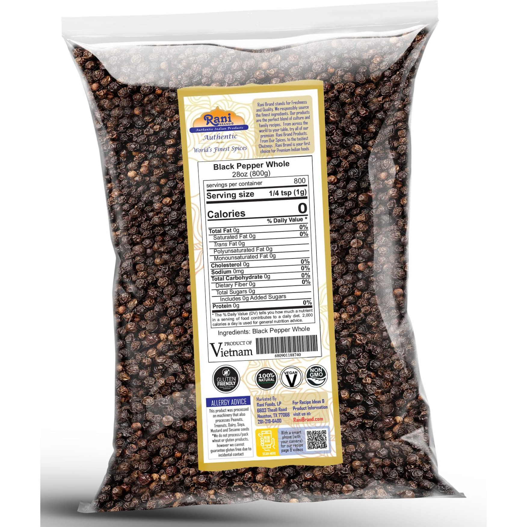 Rani Black Pepper Whole (Peppercorns), Premium MG-1 Grade 28oz (1.75lbs) 800g ~ All Natural, Gluten Friendly, Non-GMO, Kosher, Product of Vietnam, Perfect size for Grinders