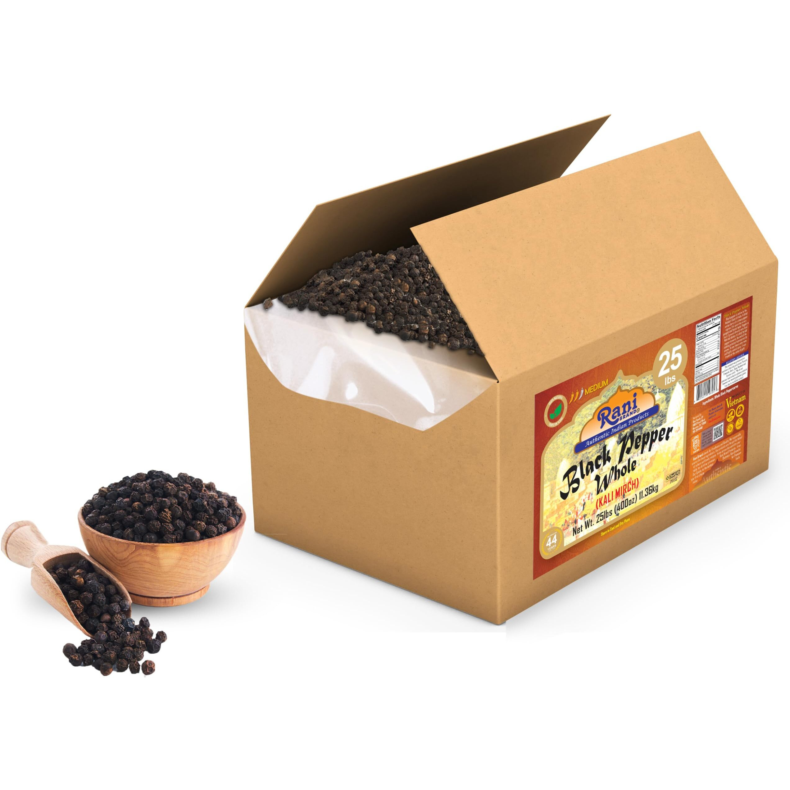 Rani Black Pepper Whole (Peppercorns), Premium MG-1 Grade 400oz (25lbs) 11.36kg Bulk Box ~ All Natural, Gluten Friendly, Non-GMO, Kosher, Product of Vietnam, Perfect size for Grinders