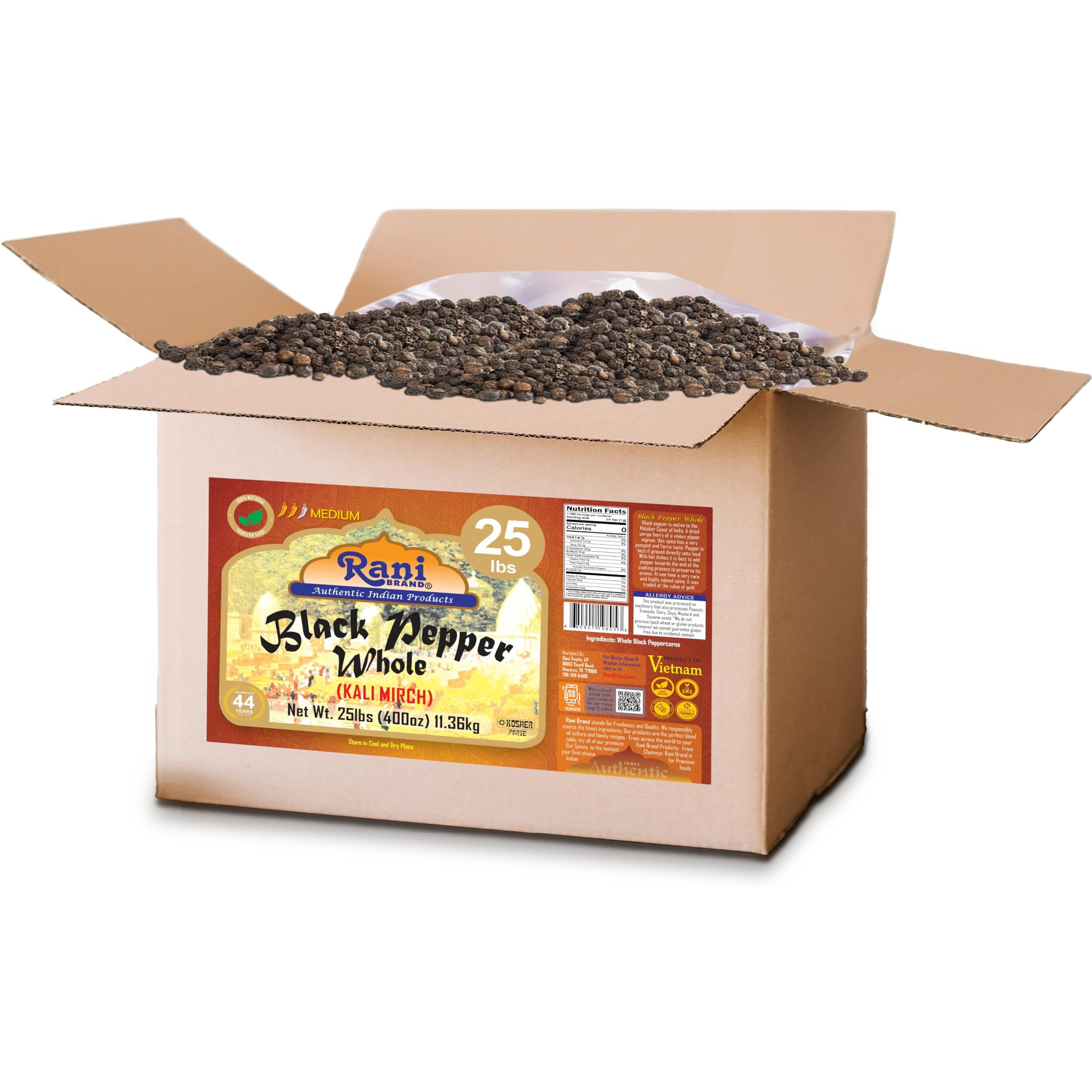 Rani Black Pepper Whole (Peppercorns), Premium MG-1 Grade 400oz (25lbs) 11.36kg Bulk Box ~ All Natural, Gluten Friendly, Non-GMO, Kosher, Product of Vietnam, Perfect size for Grinders