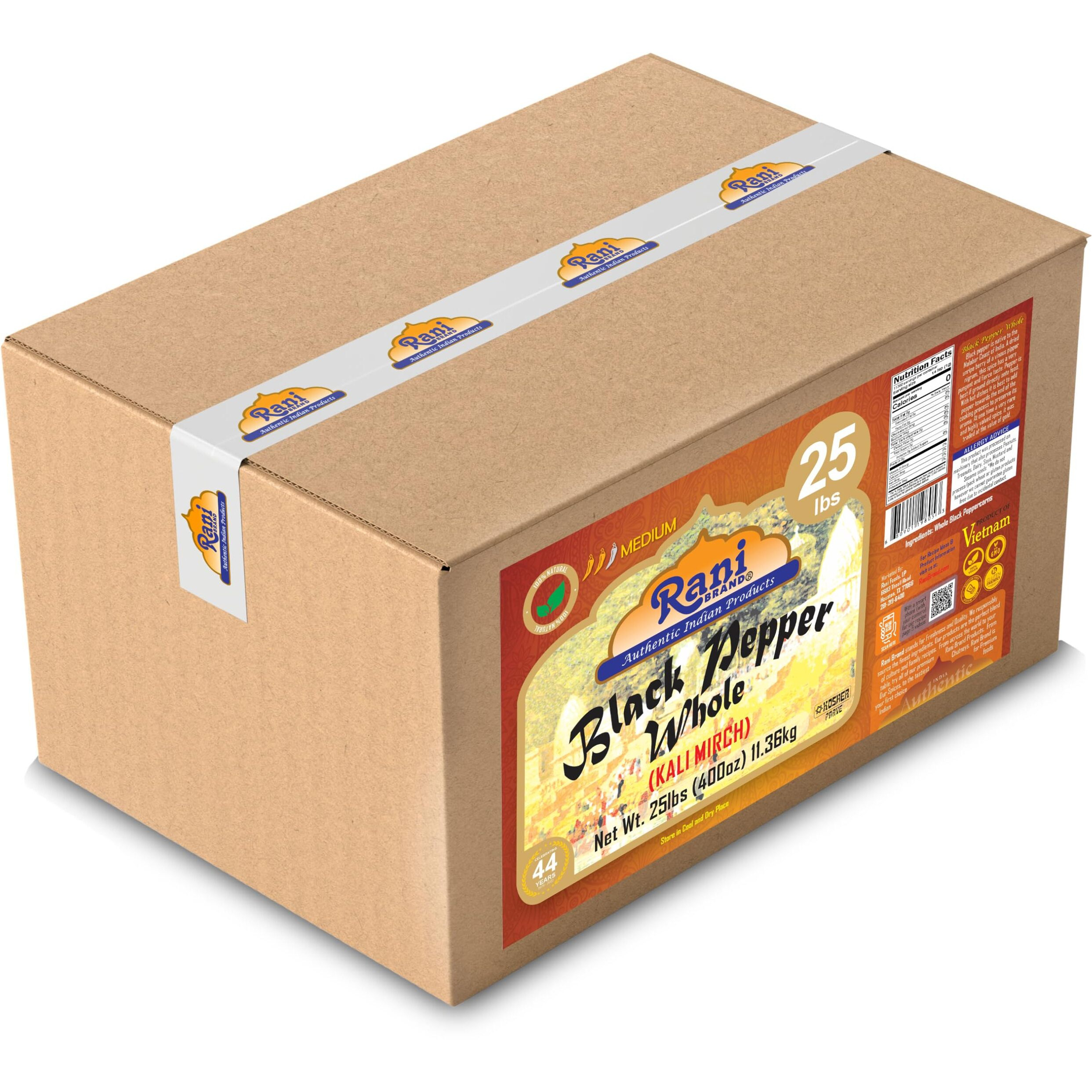Rani Black Pepper Whole (Peppercorns), Premium MG-1 Grade 400oz (25lbs) 11.36kg Bulk Box ~ All Natural, Gluten Friendly, Non-GMO, Kosher, Product of Vietnam, Perfect size for Grinders