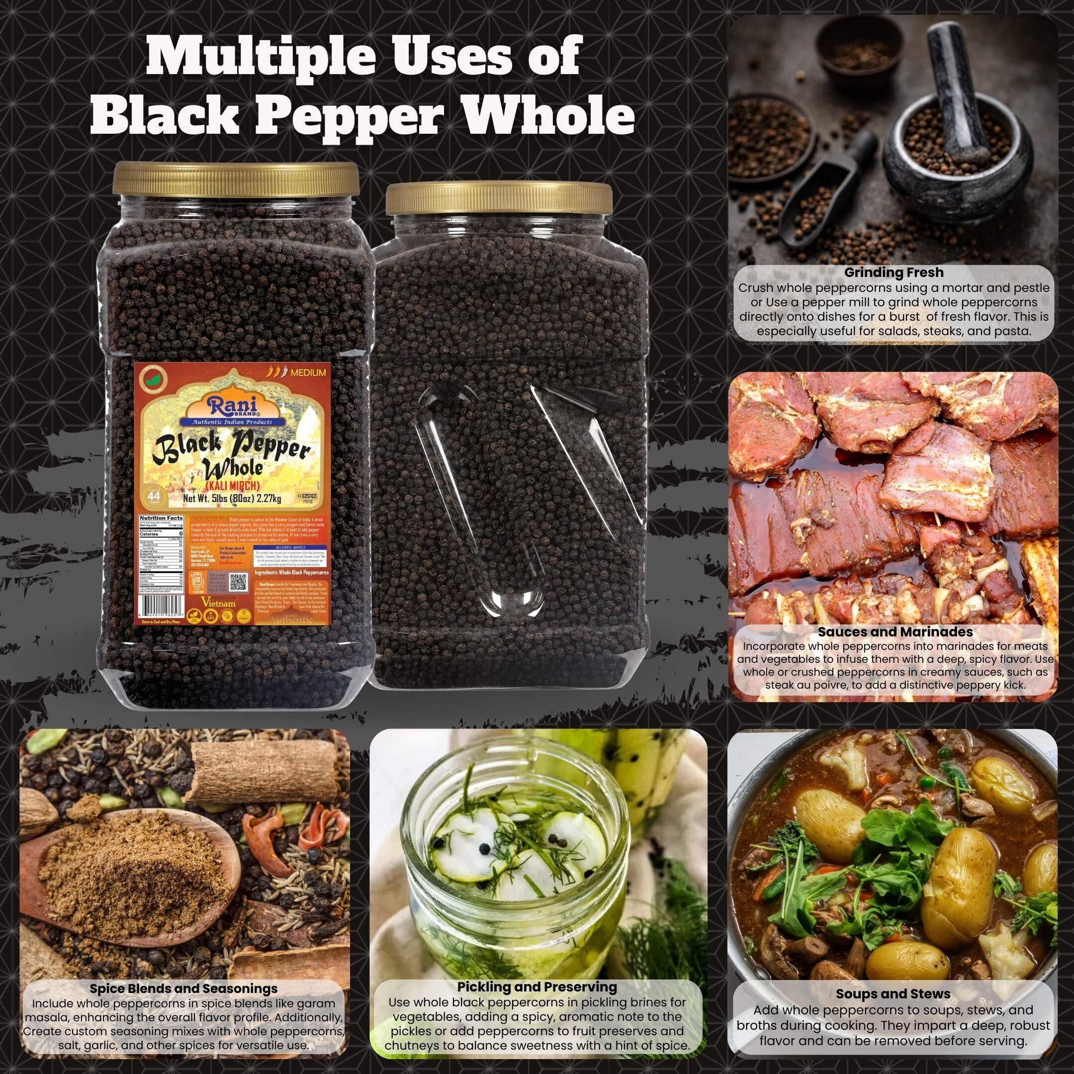 Rani Black Pepper Whole (Peppercorns), Premium MG-1 Grade 80oz (5lbs) 2.27kg Bulk PET Jar ~ All Natural, Gluten Friendly, Non-GMO, Kosher, Product of Vietnam, Perfect size for Grinders