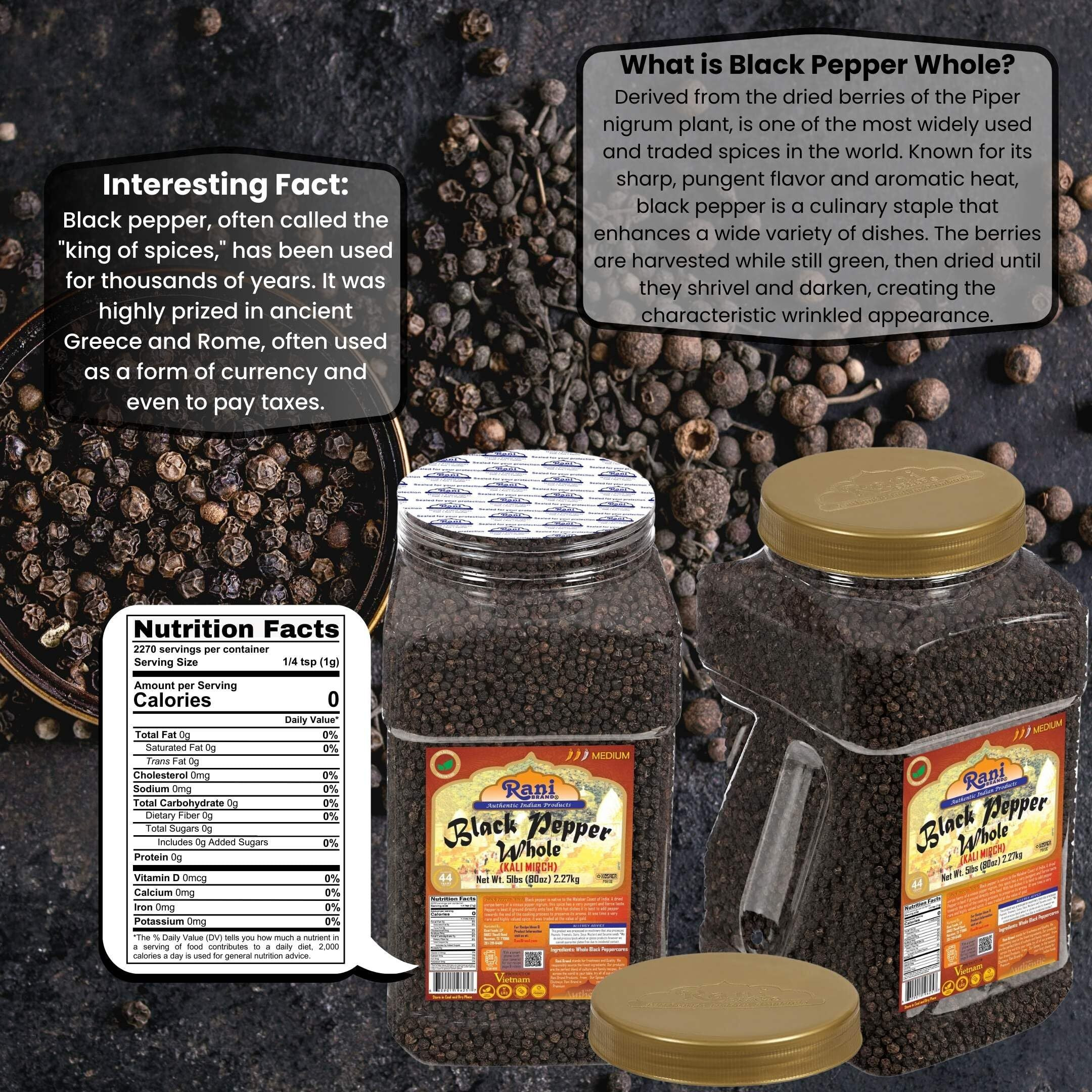 Rani Black Pepper Whole (Peppercorns), Premium MG-1 Grade 80oz (5lbs) 2.27kg Bulk PET Jar ~ All Natural, Gluten Friendly, Non-GMO, Kosher, Product of Vietnam, Perfect size for Grinders