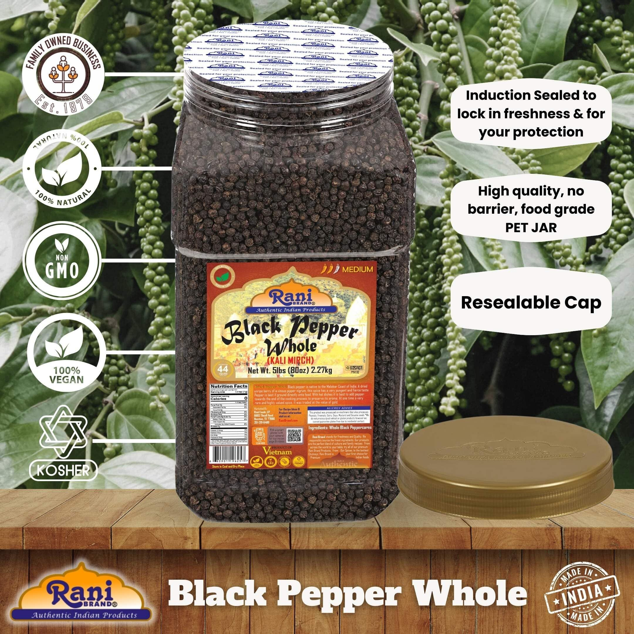 Rani Black Pepper Whole (Peppercorns), Premium MG-1 Grade 80oz (5lbs) 2.27kg Bulk PET Jar ~ All Natural, Gluten Friendly, Non-GMO, Kosher, Product of Vietnam, Perfect size for Grinders