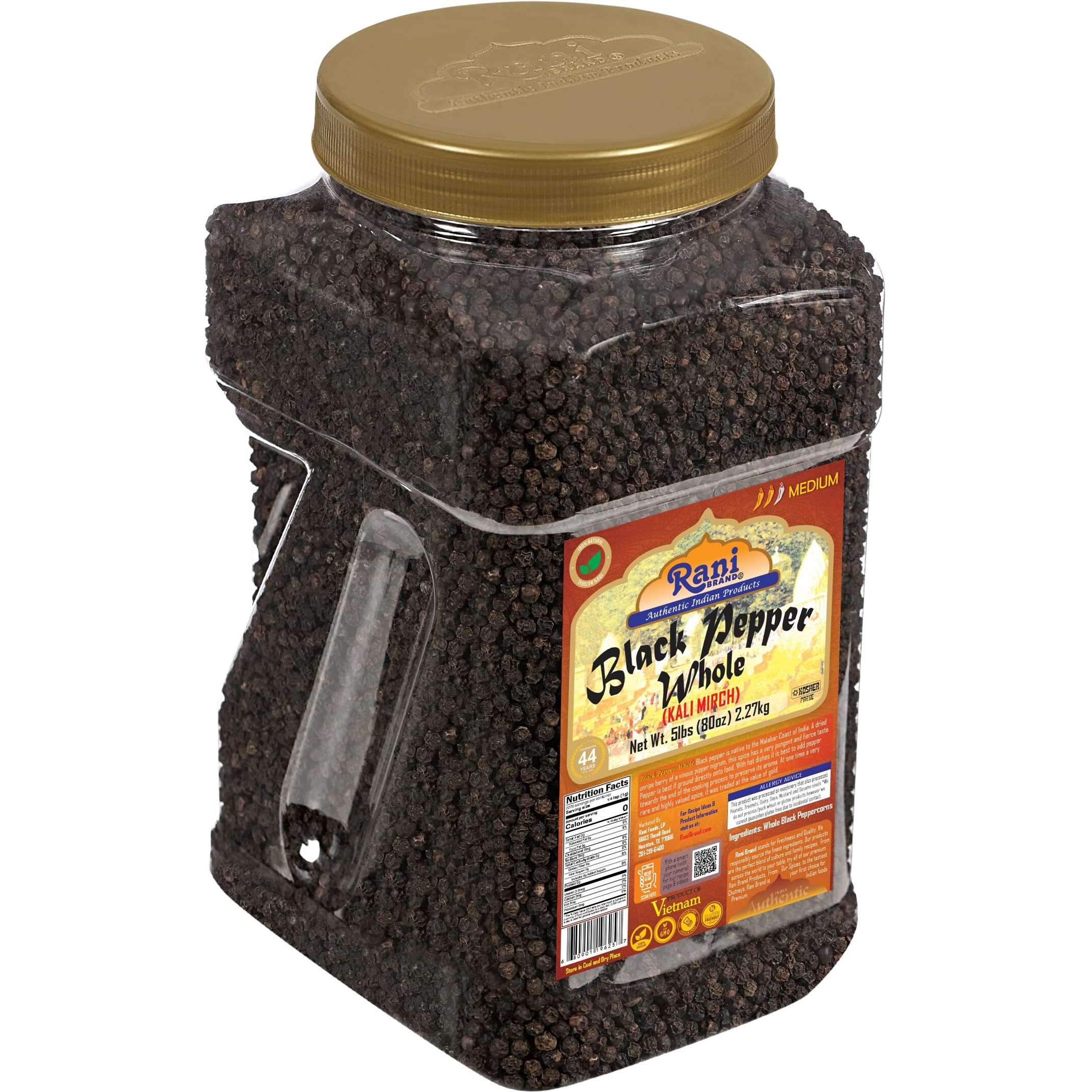 Rani Black Pepper Whole (Peppercorns), Premium MG-1 Grade 80oz (5lbs) 2.27kg Bulk PET Jar ~ All Natural, Gluten Friendly, Non-GMO, Kosher, Product of Vietnam, Perfect size for Grinders