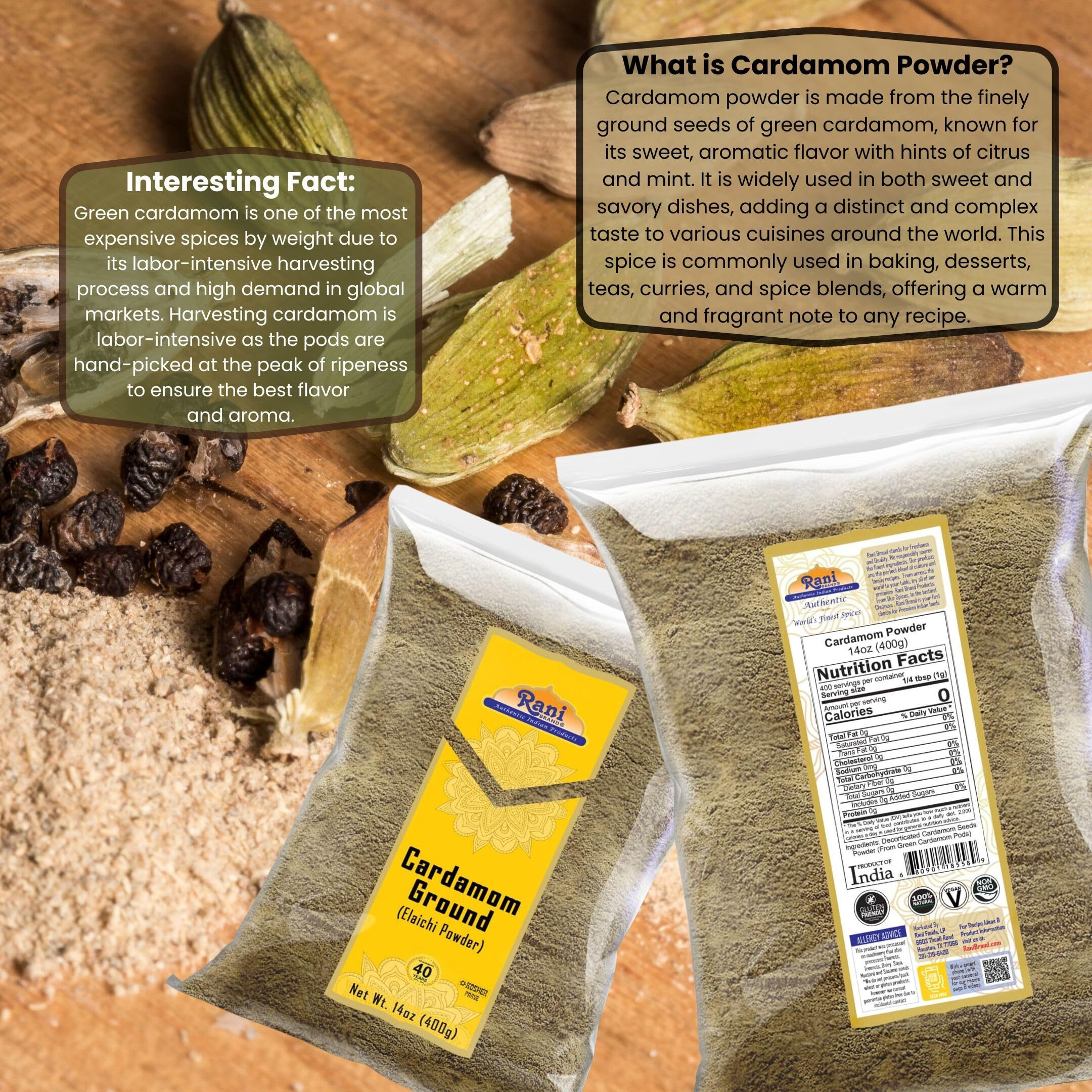 Rani Cardamom (Elachi) Ground, Powder Indian Spice 14oz (400g) ~ All Natural, No Color Added, Gluten Friendly, Vegan, NON-GMO, Kosher, No Salt or Fillers